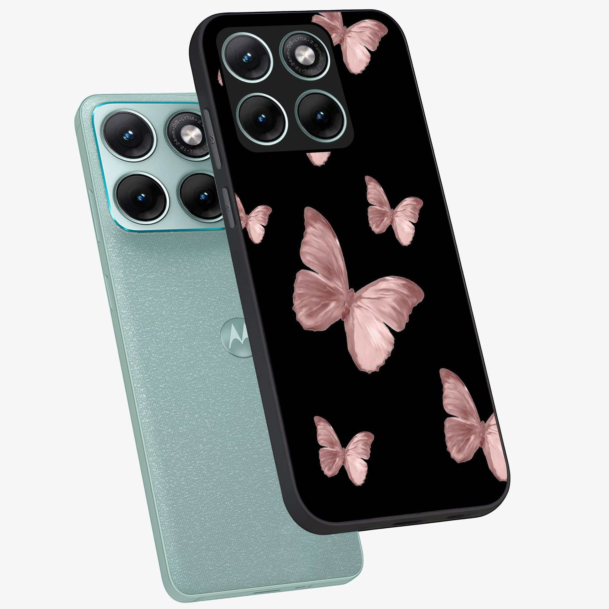 Butterfly Pattern Glass Case displayed in angled mockup highlighting delicate butterfly design and aesthetic pattern style.