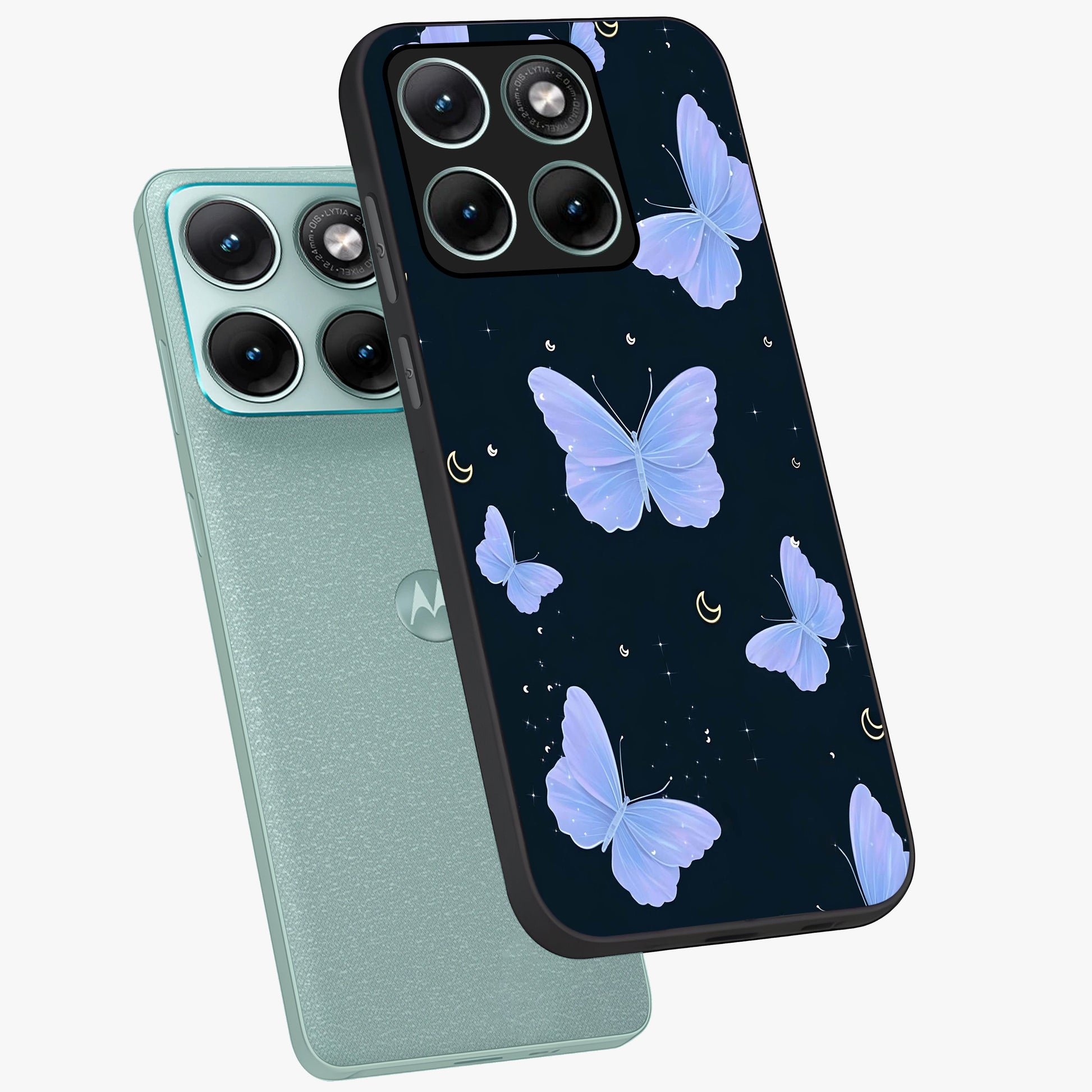Butterfly With Stars Pattern Glass Case displayed in angled mockup highlighting dreamy butterfly and star design with aesthetic theme.