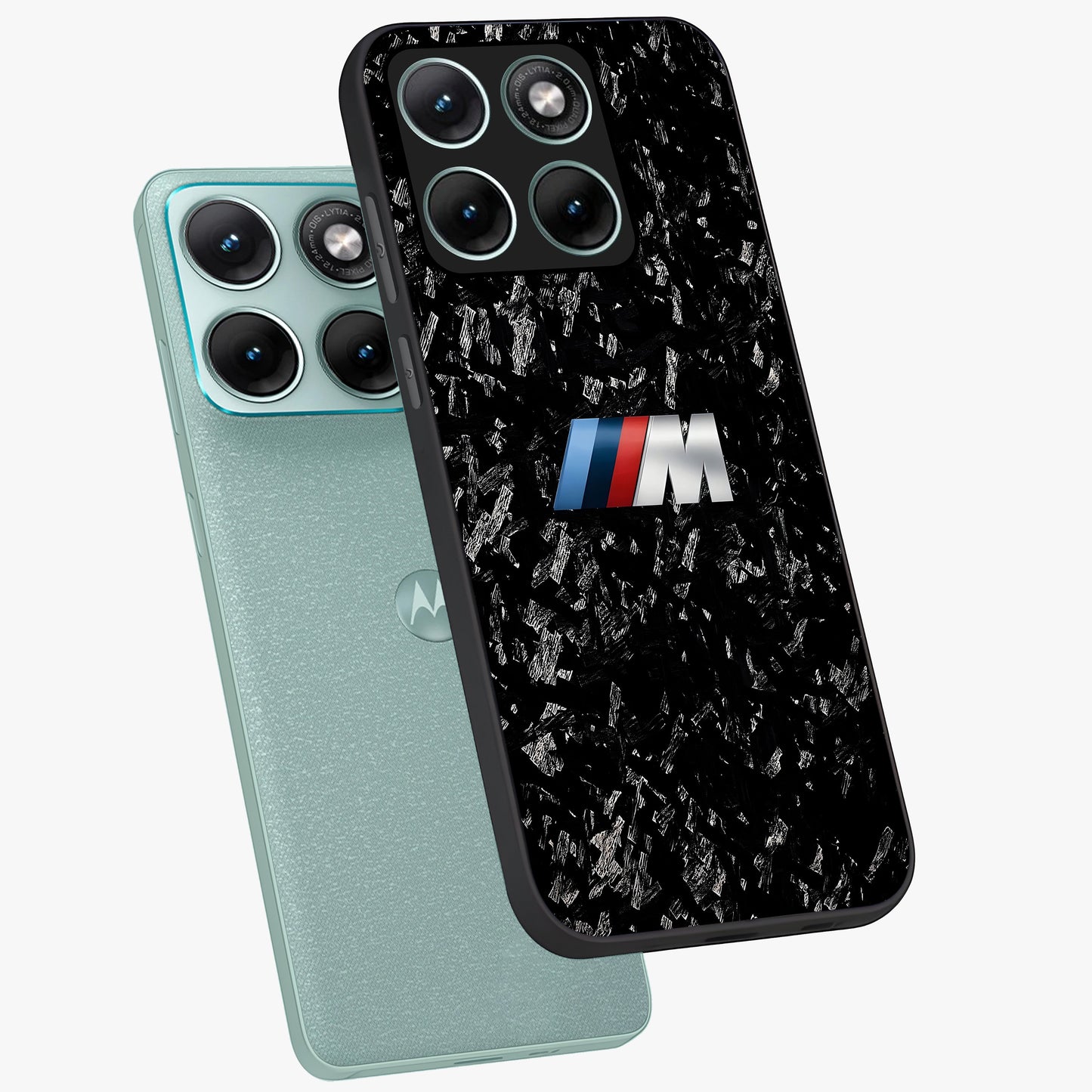 Carbon Speed Mark Glass Case displayed in angled mockup highlighting racing inspired carbon design and sleek aesthetic style.