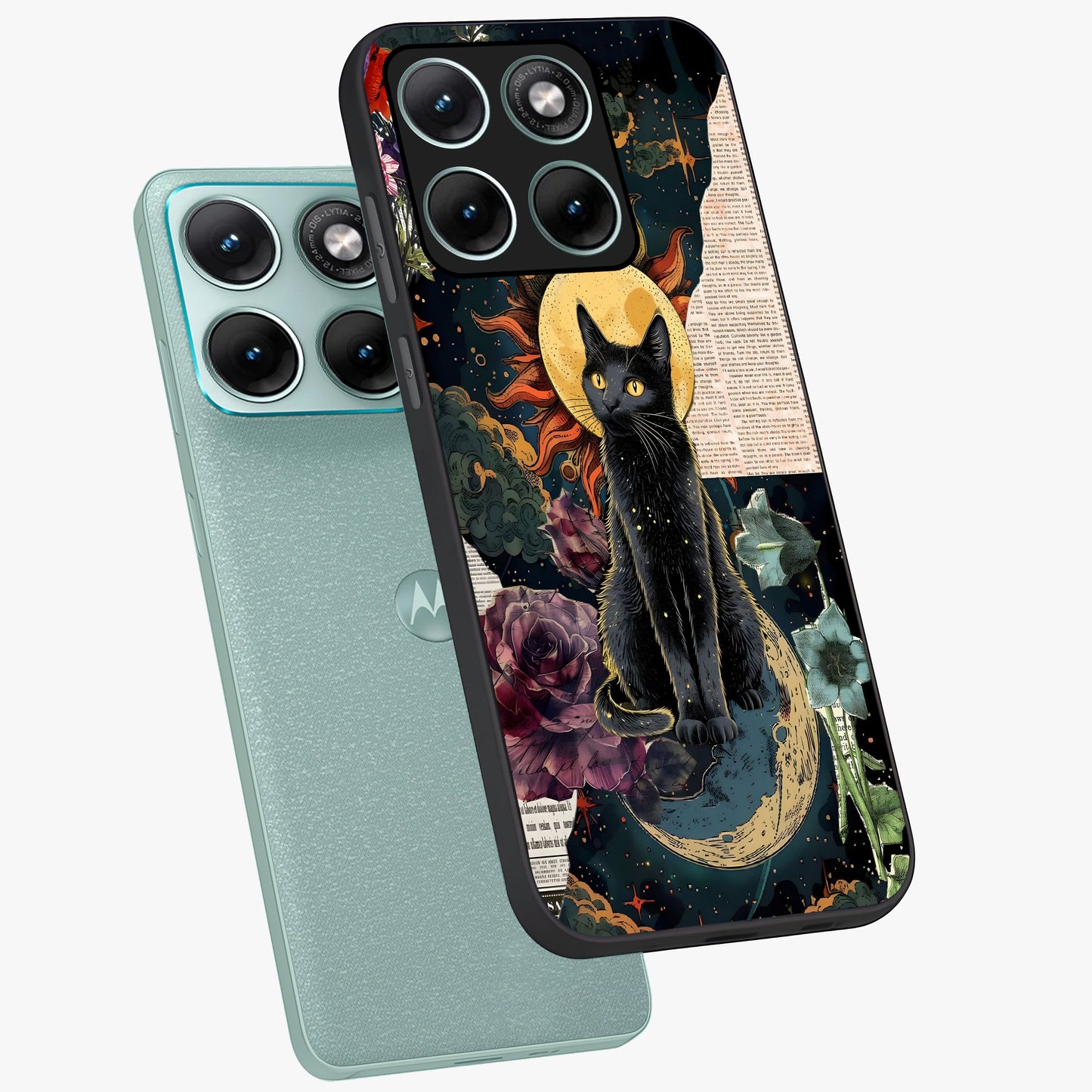 Celestial Black Cat Glass Case displayed in angled mockup highlighting cosmic black cat design with celestial aesthetic.