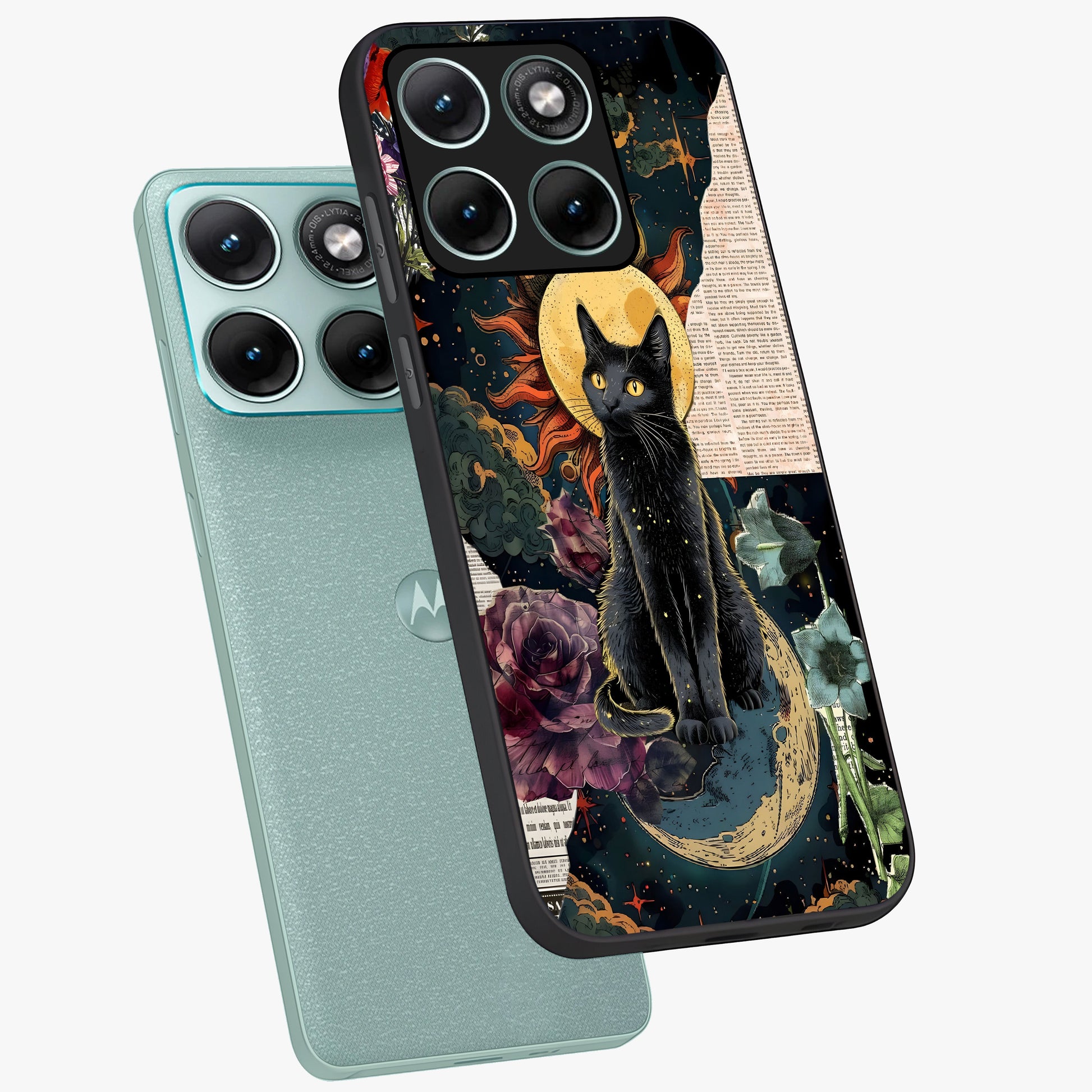 Celestial Black Cat Glass Case displayed in angled mockup highlighting cosmic black cat design with celestial aesthetic.