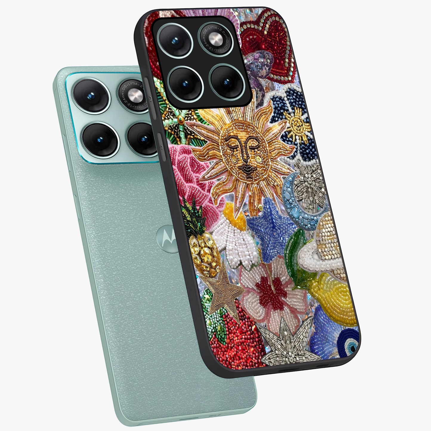 Celestial Floral and Playful Glass Case displayed in angled mockup highlighting playful floral design with dreamy celestial elements.