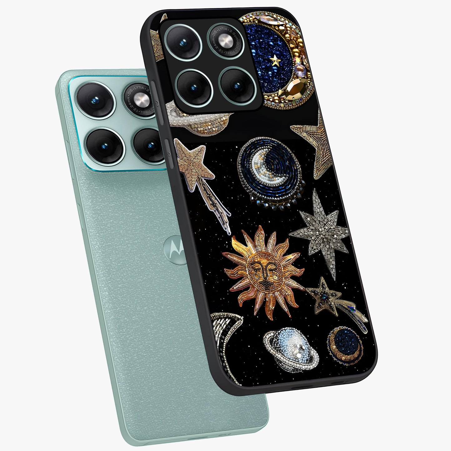Celestial Gem Constellations Glass Case displayed in angled mockup highlighting gemstone inspired constellation design.