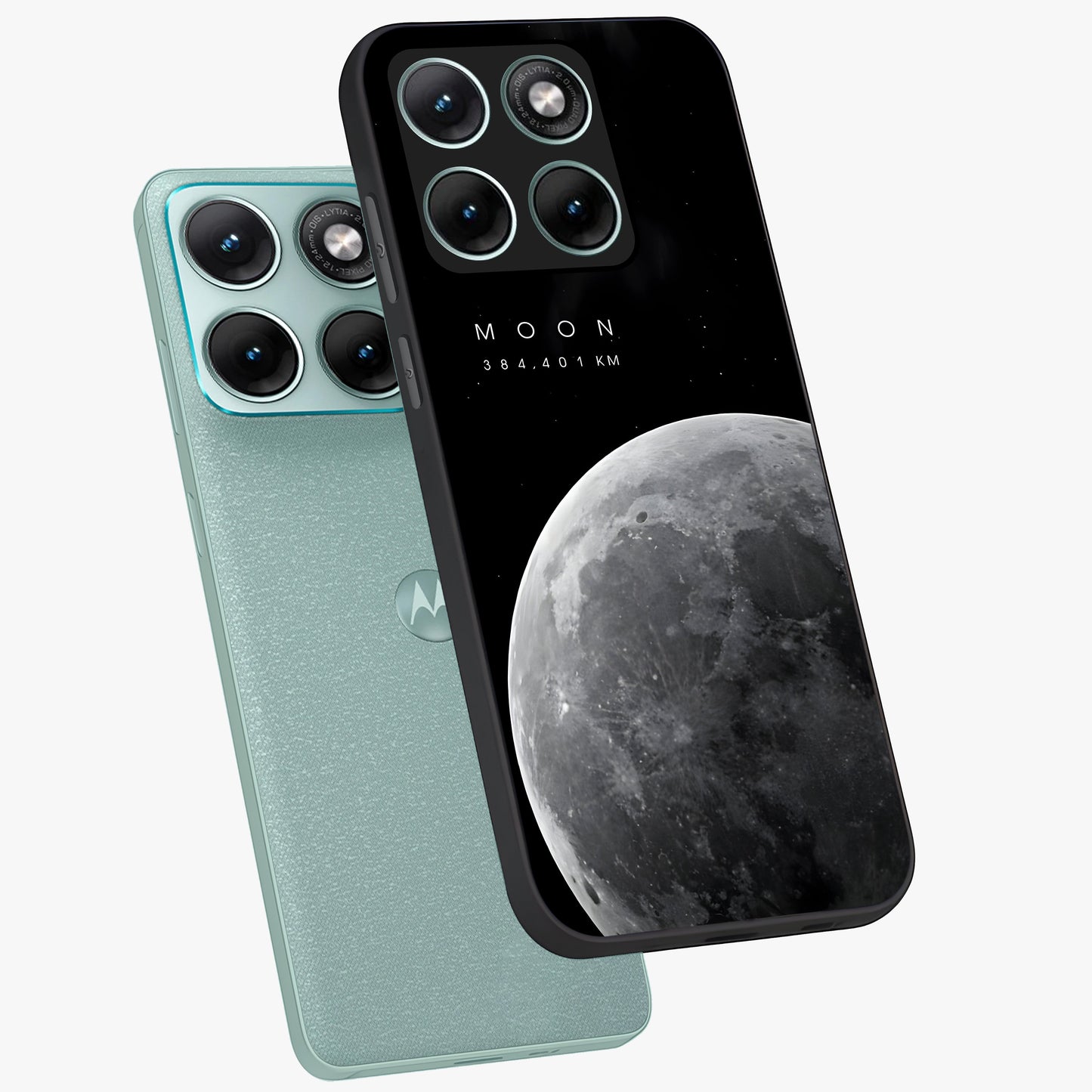 Cosmic Moon Glow Glass Case displayed in angled mockup highlighting celestial moon design with cosmic aesthetic theme.