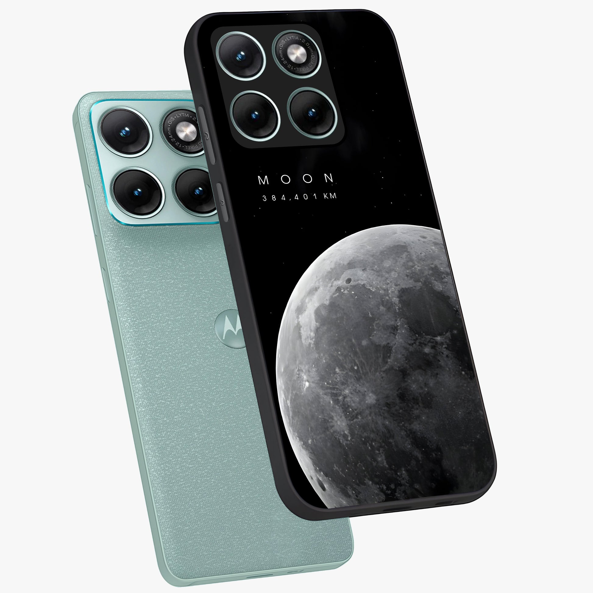 Cosmic Moon Glow Glass Case displayed in angled mockup highlighting celestial moon design with cosmic aesthetic theme.