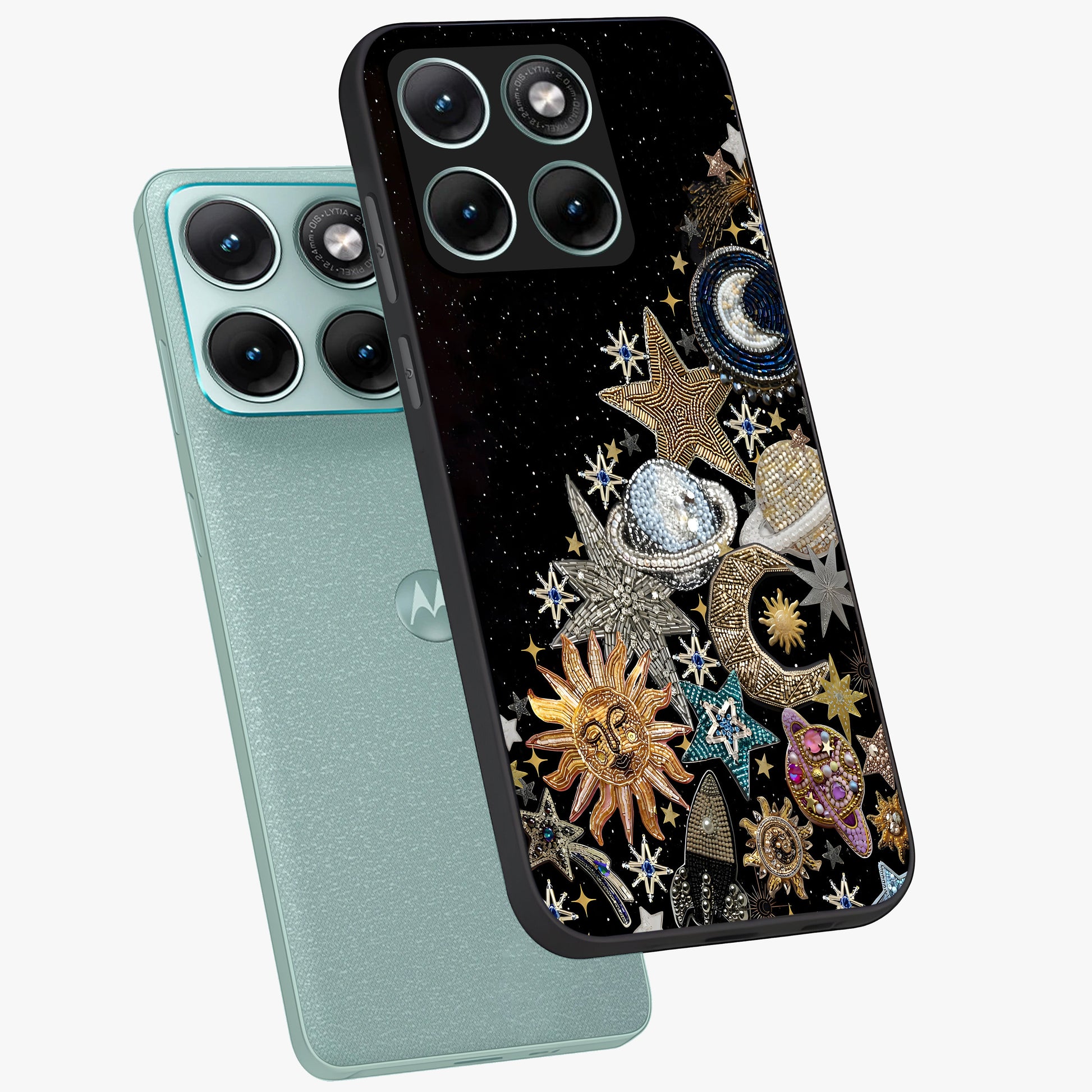 Cosmic Sparkle Dreams Glass Case displayed in angled mockup highlighting dreamy star sparkle design with celestial aesthetic.