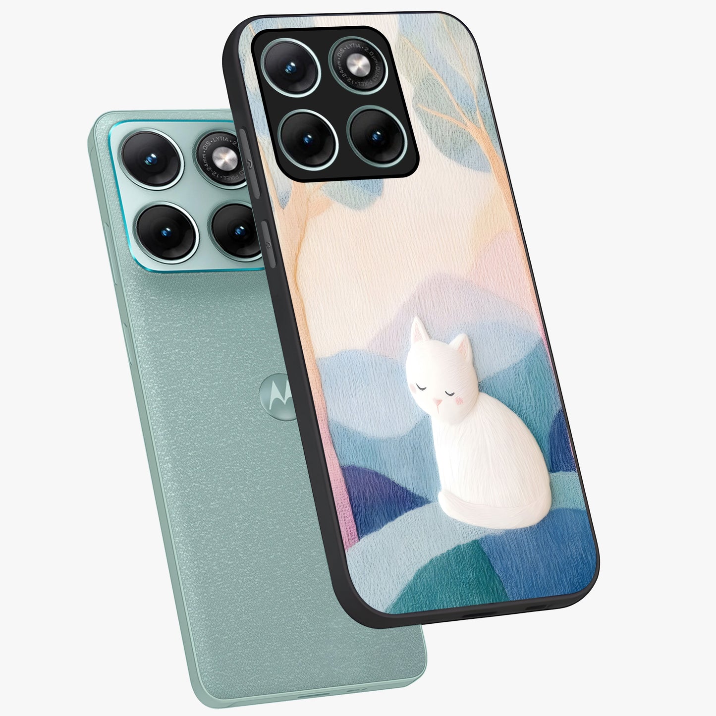 Cotton Dream Cat Glass Case displayed in angled mockup highlighting cute feline illustration with pastel aesthetic style.