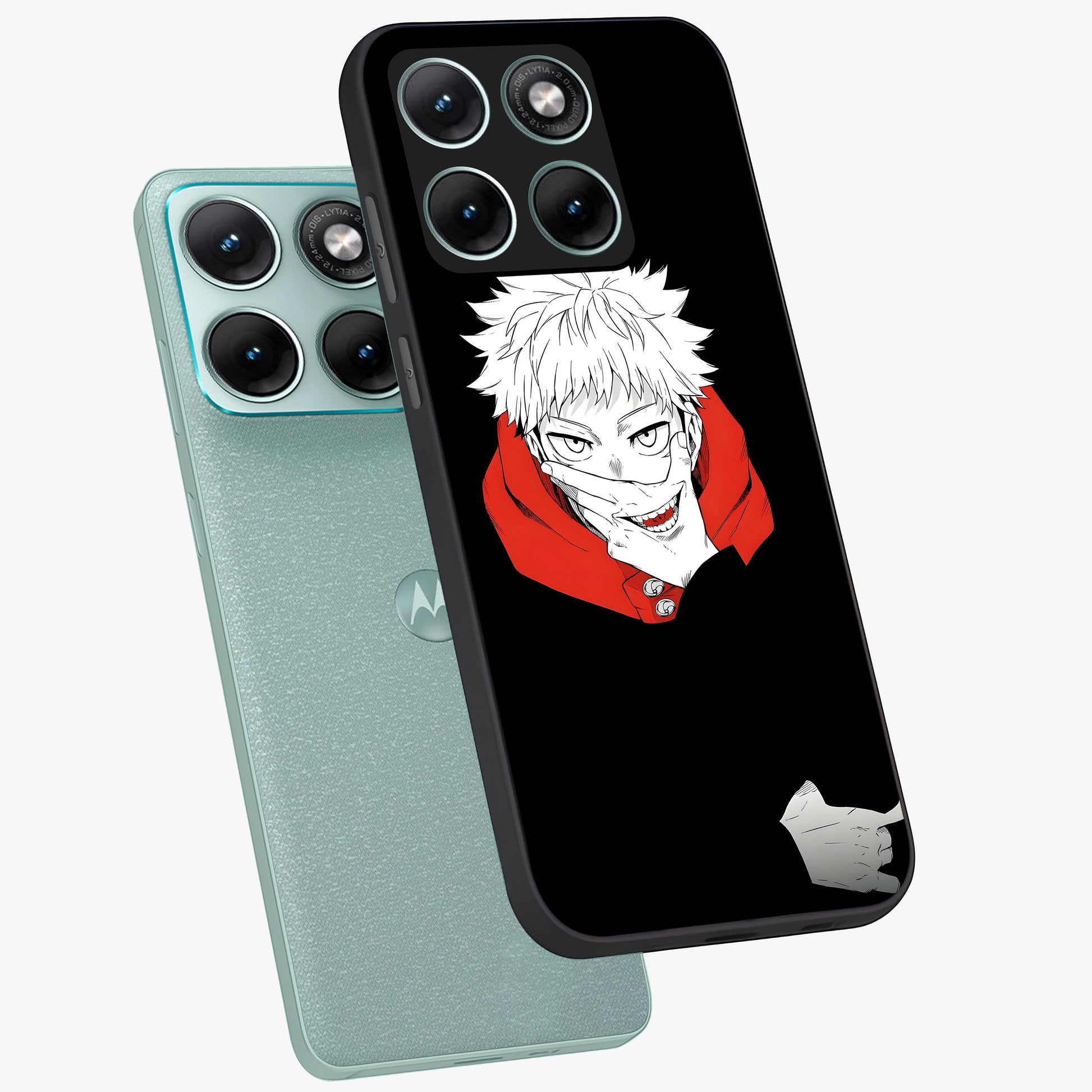 Crimson Chaos Smile Glass Case displayed in angled mockup highlighting edgy crimson smile design with graphic aesthetic.