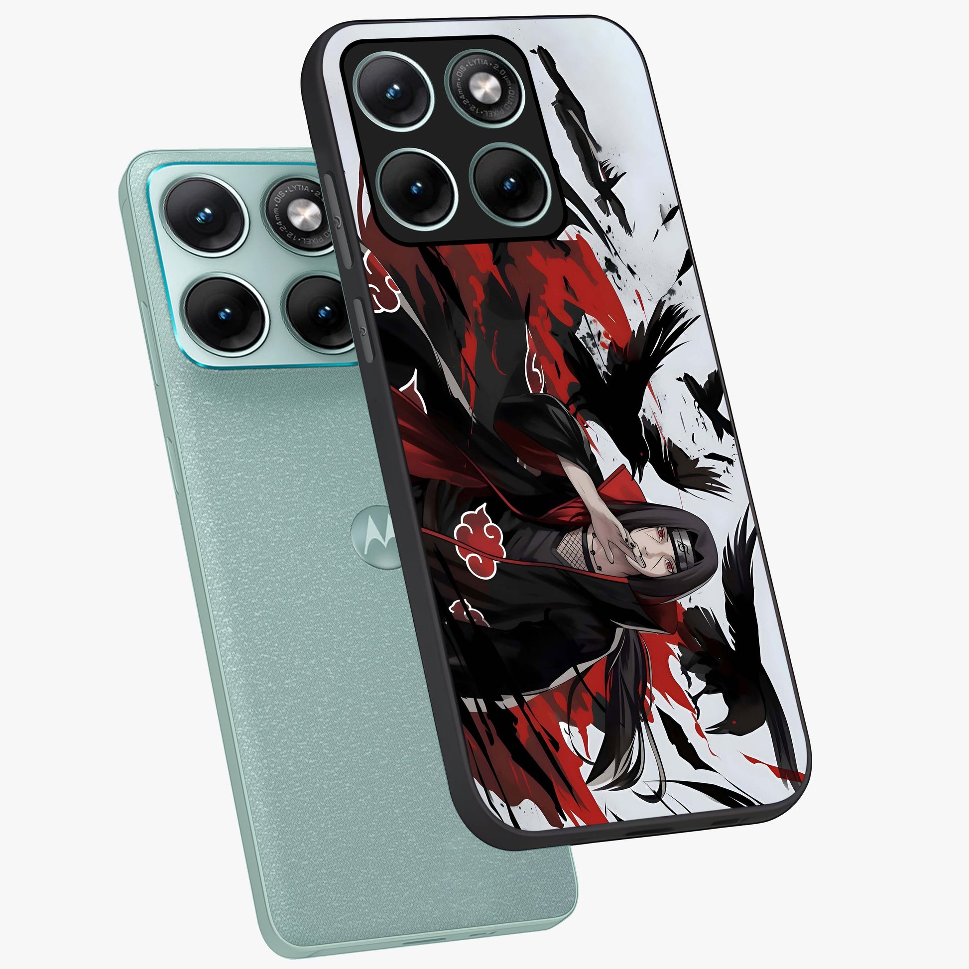 Crimson Crow Illusion Glass Case displayed in angled mockup highlighting mysterious crow graphic with dark aesthetic style.