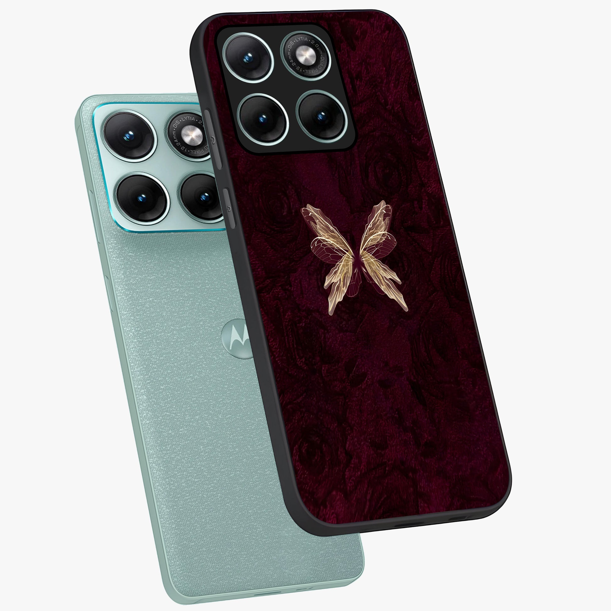 Crimson Fade Butterfly Glass Case displayed in angled mockup highlighting elegant butterfly design with crimson gradient aesthetic.