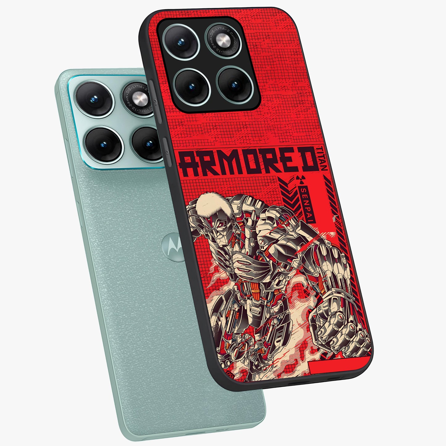 Crimson Mecha Titan Glass Case displayed in angled mockup highlighting futuristic mech illustration with bold crimson aesthetic.