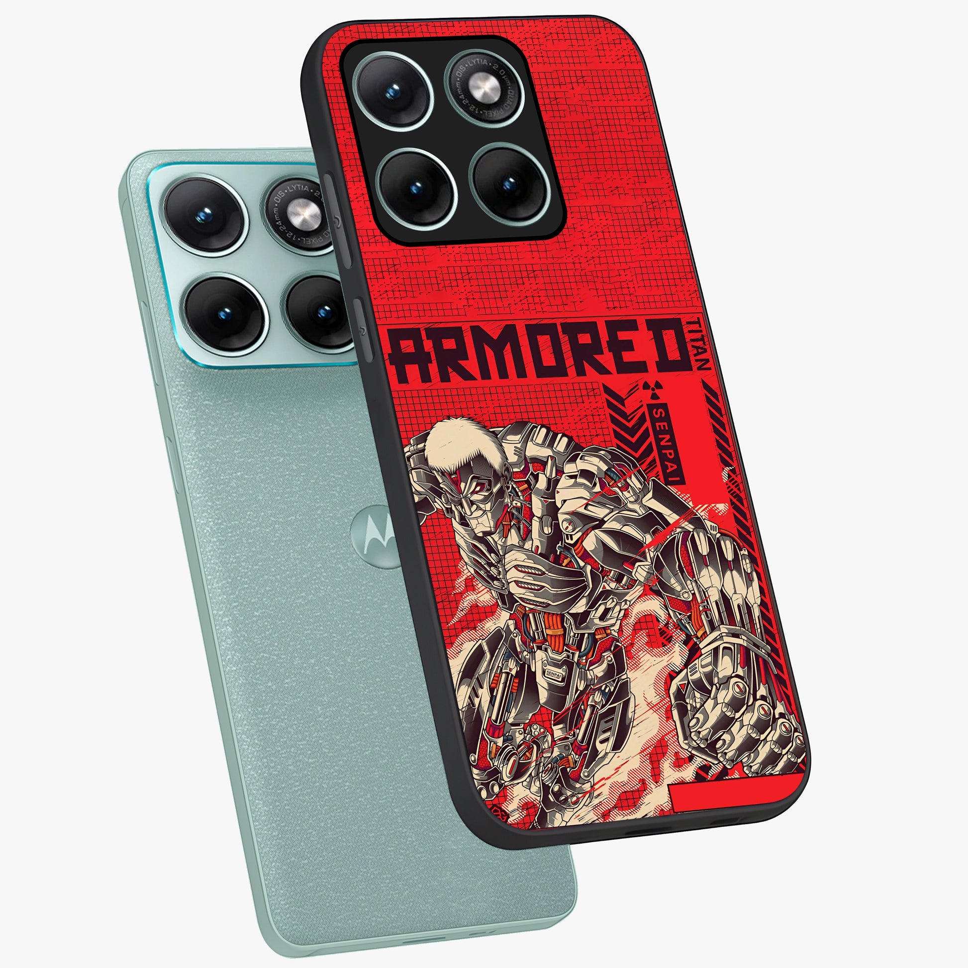 Crimson Mecha Titan Glass Case displayed in angled mockup highlighting futuristic mech illustration with bold crimson aesthetic.
