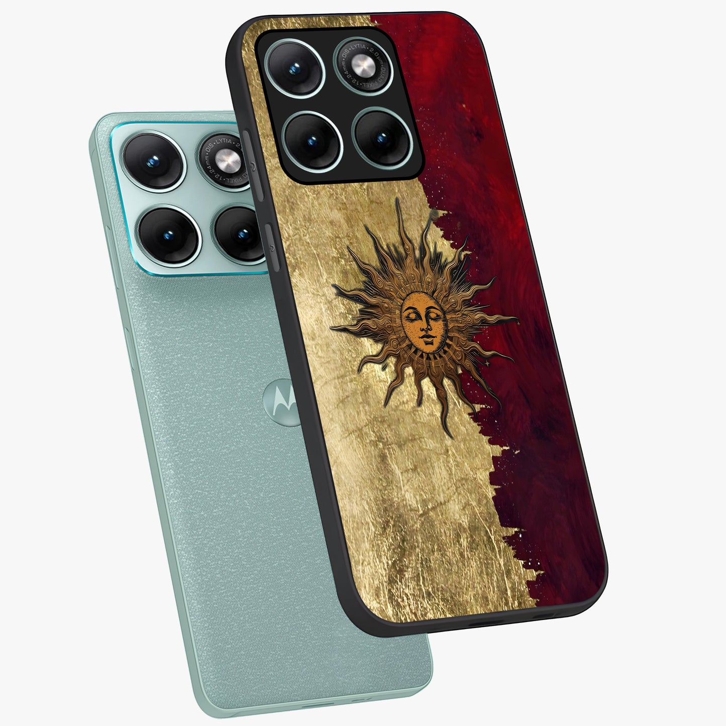 Crimson Sun Majesty Glass Case displayed in angled mockup highlighting majestic crimson sun design with bold aesthetic style.