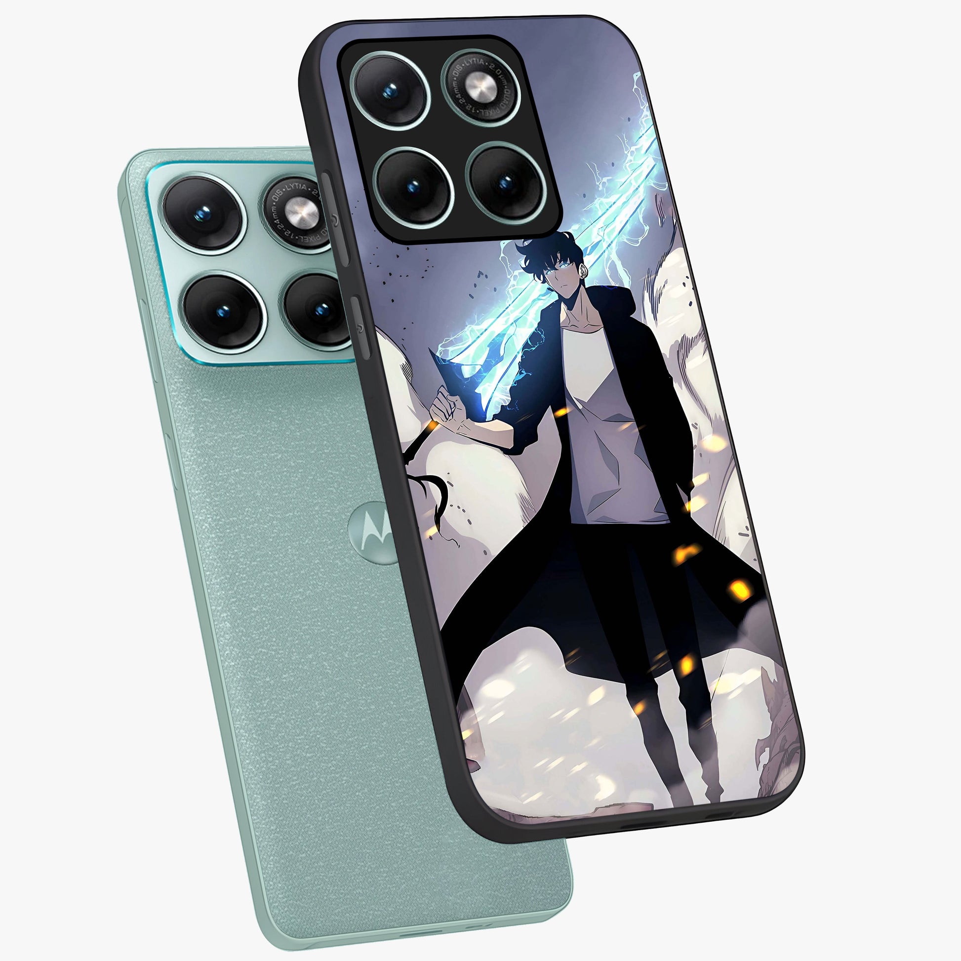Dark Lightning Anime Warrior Glass Case displayed in angled mockup highlighting powerful lightning themed anime illustration.