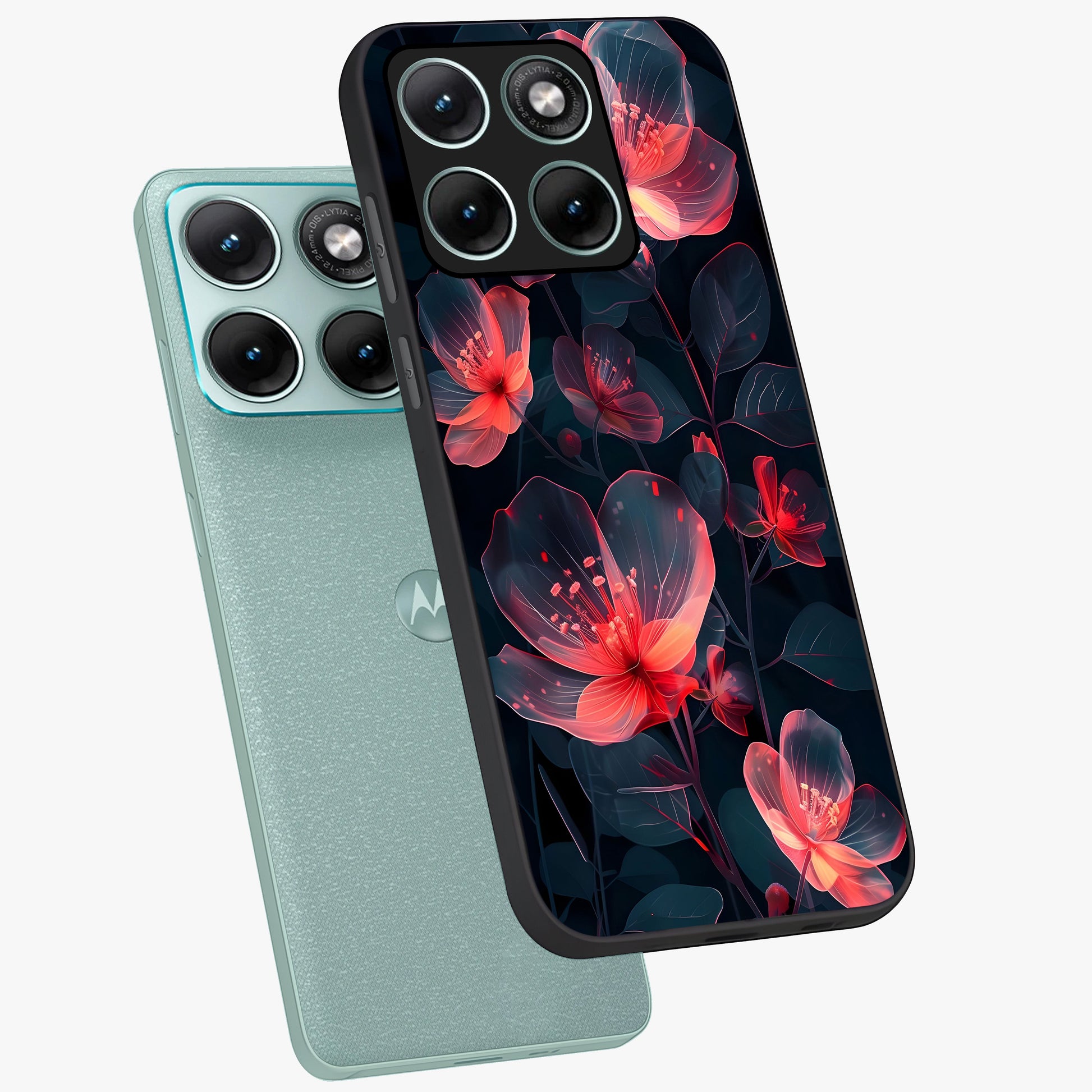 Dark Shade of Flower Glass Case displayed in angled mockup highlighting moody floral illustration with aesthetic dark tones.