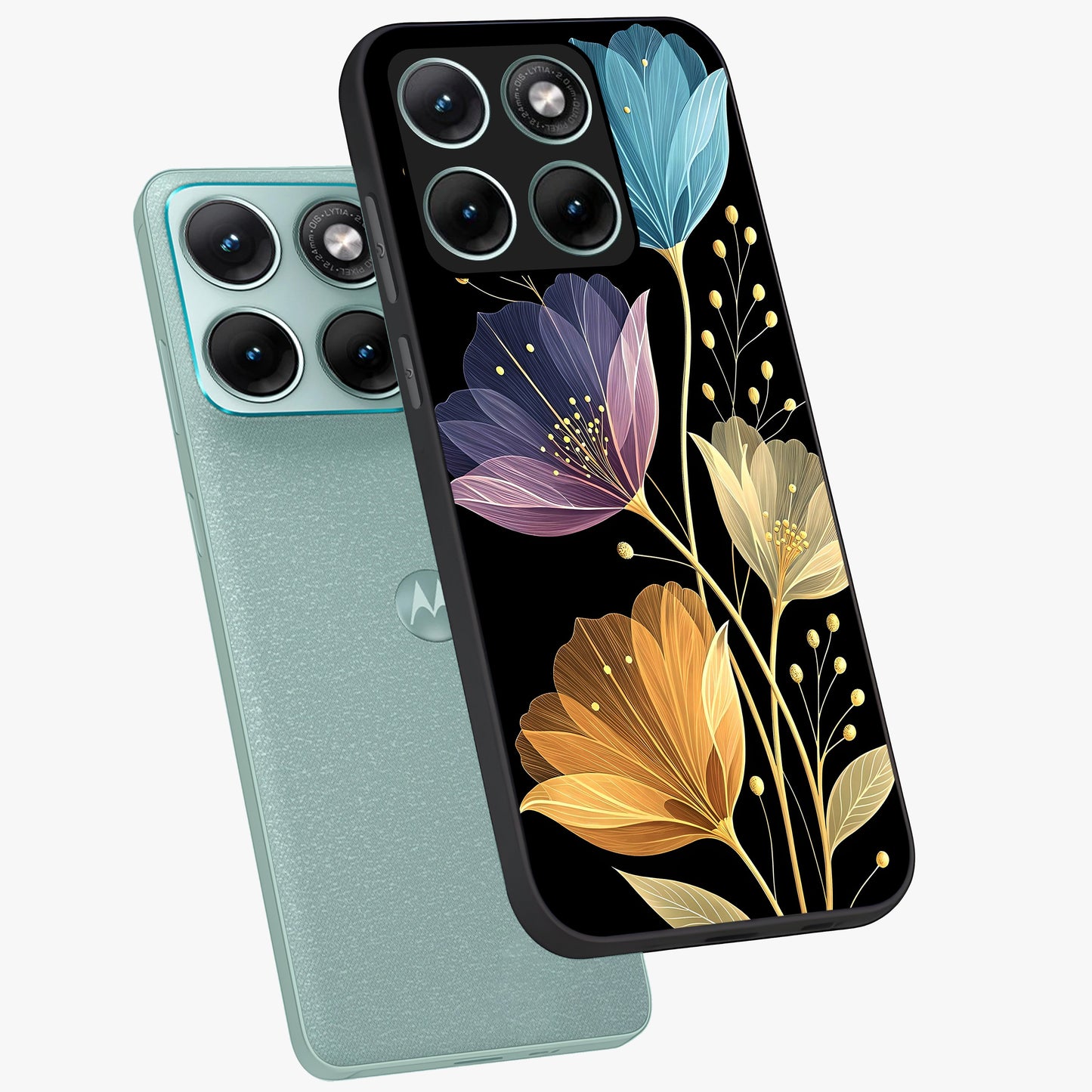 Delicate Multicolor Flowers Glass Case displayed in angled mockup highlighting colorful flower pattern with soft aesthetic style.