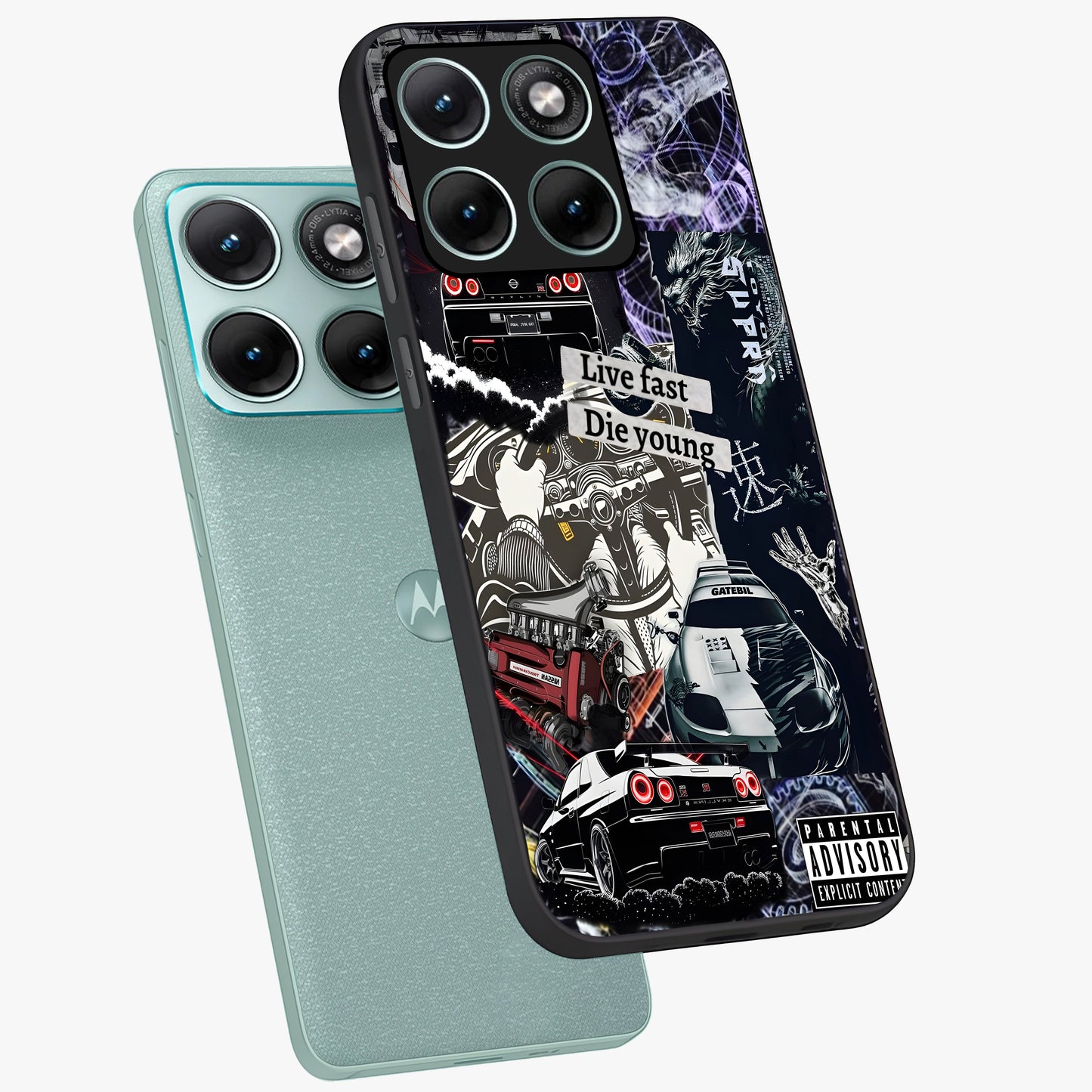 Die Young Glass Case displayed in angled mockup highlighting expressive graphic artwork with edgy aesthetic style.