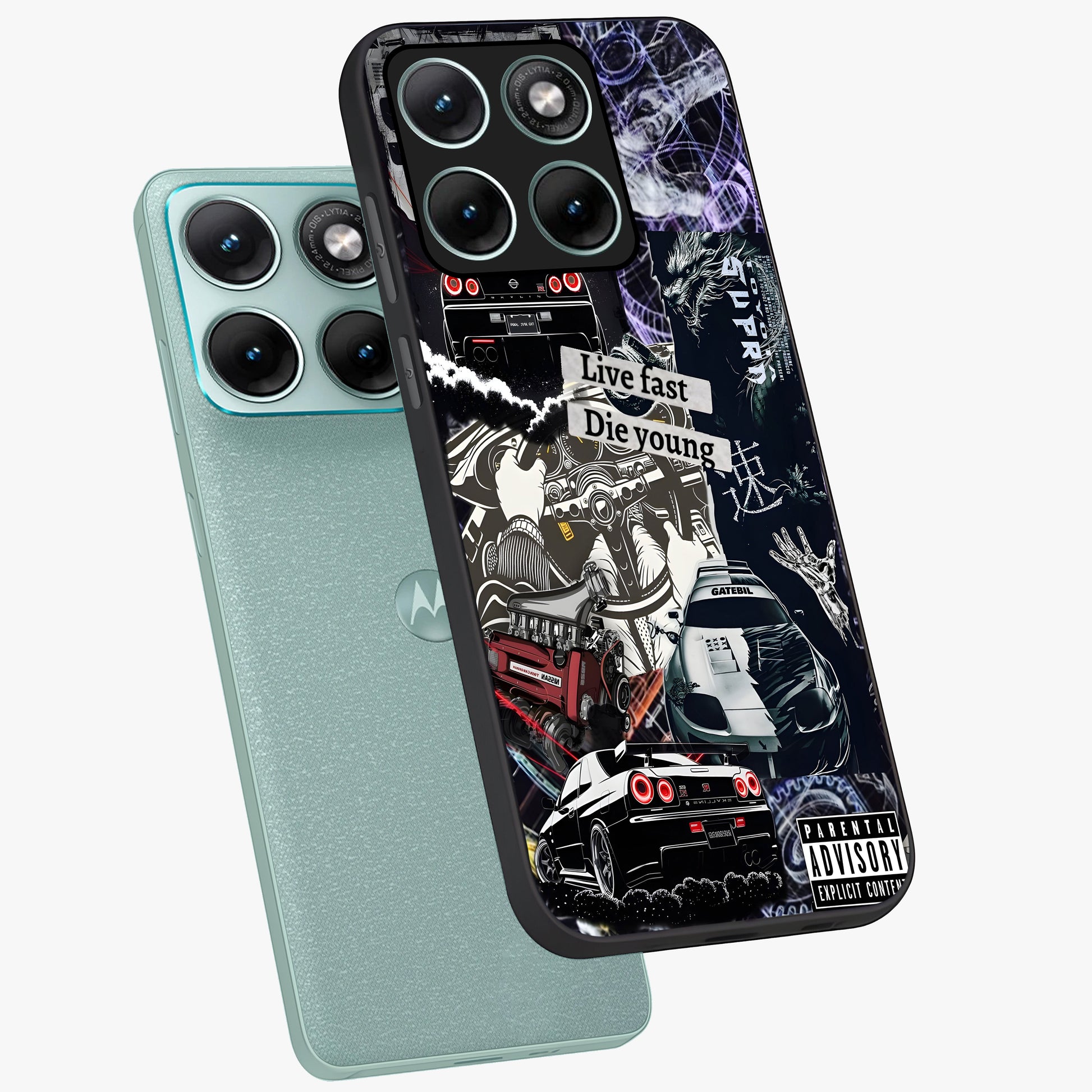 Die Young Glass Case displayed in angled mockup highlighting expressive graphic artwork with edgy aesthetic style.