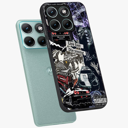 Die Young Glass Case displayed in angled mockup highlighting expressive graphic artwork with edgy aesthetic style.