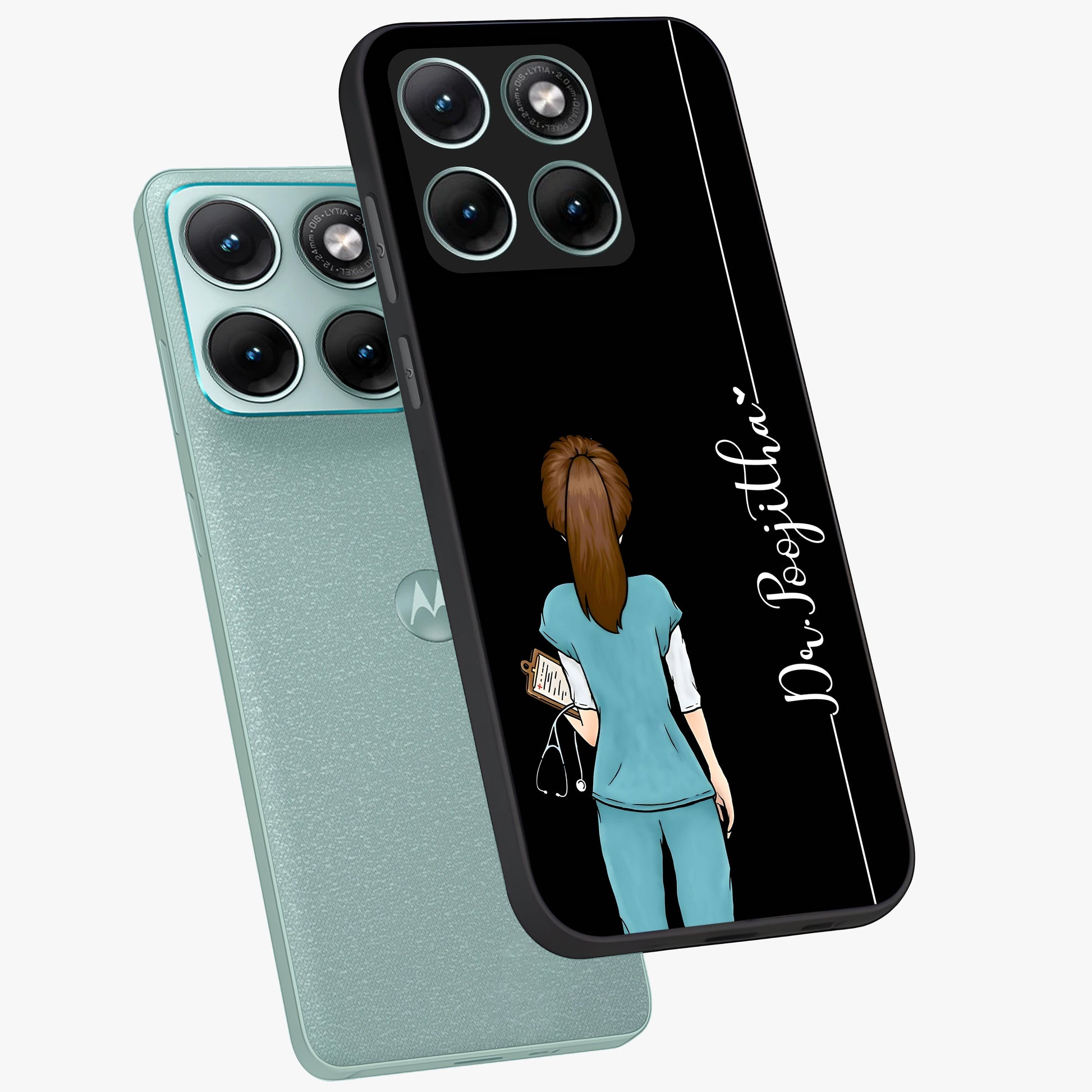 Doctor Pattern Custom Name Glass Case displayed in angled mockup highlighting doctor inspired artwork with custom name feature.