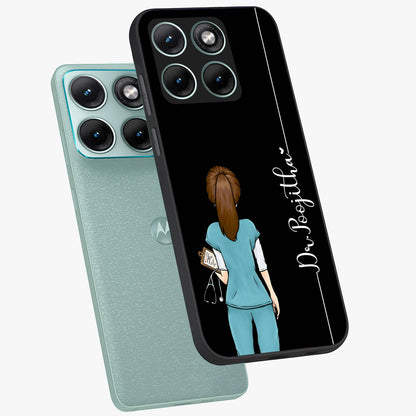 Doctor Pattern Custom Name Glass Case displayed in angled mockup highlighting doctor inspired artwork with custom name feature.