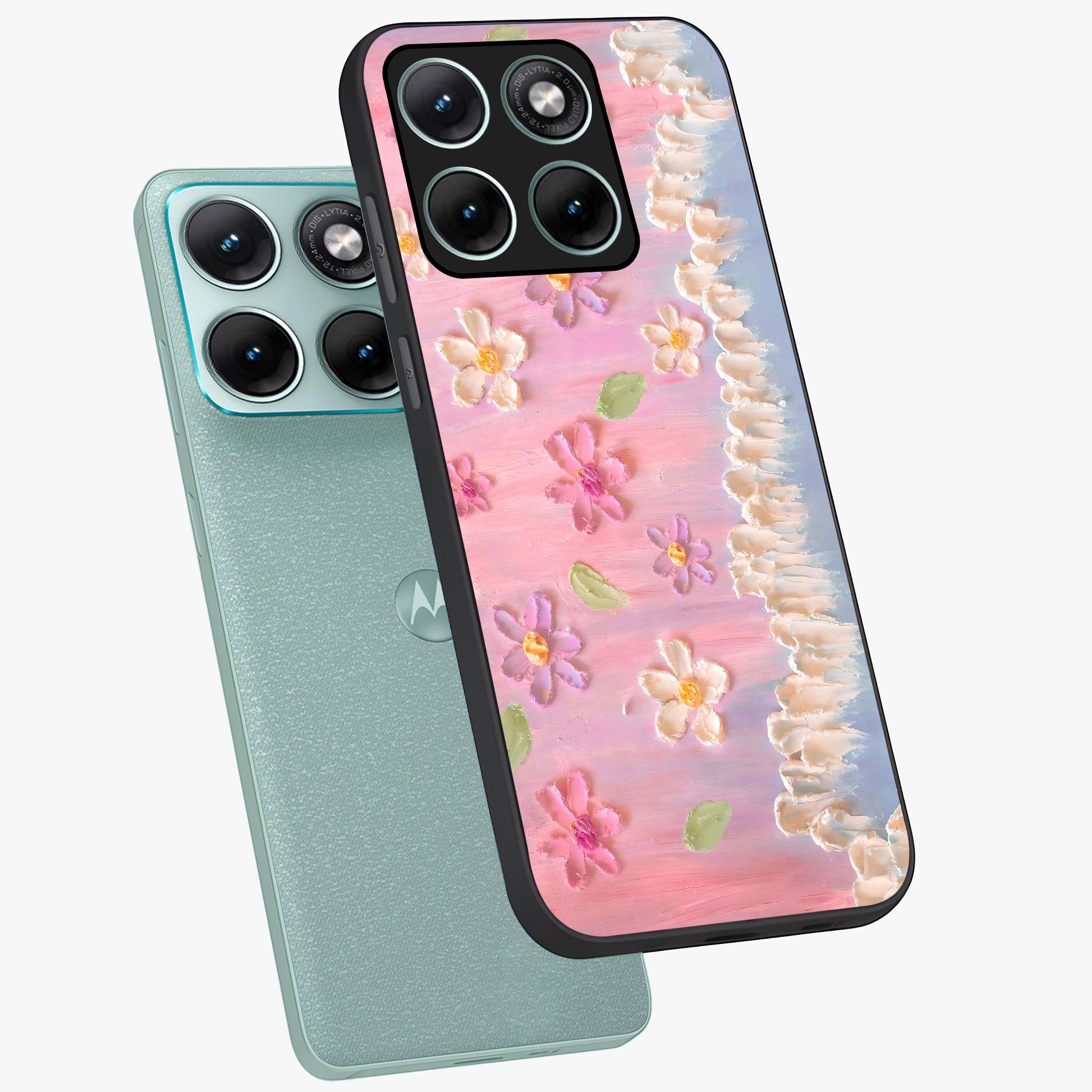Dreamy Painted Garden Glass Case displayed in angled mockup highlighting colorful garden illustration with dreamy aesthetic style.