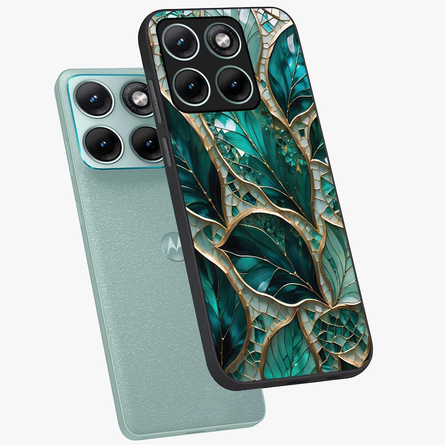 Emerald Leaf Glass Glass Case displayed in angled mockup highlighting botanical leaf illustration with elegant natural aesthetic.