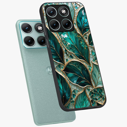 Emerald Leaf Glass Glass Case displayed in angled mockup highlighting botanical leaf illustration with elegant natural aesthetic.