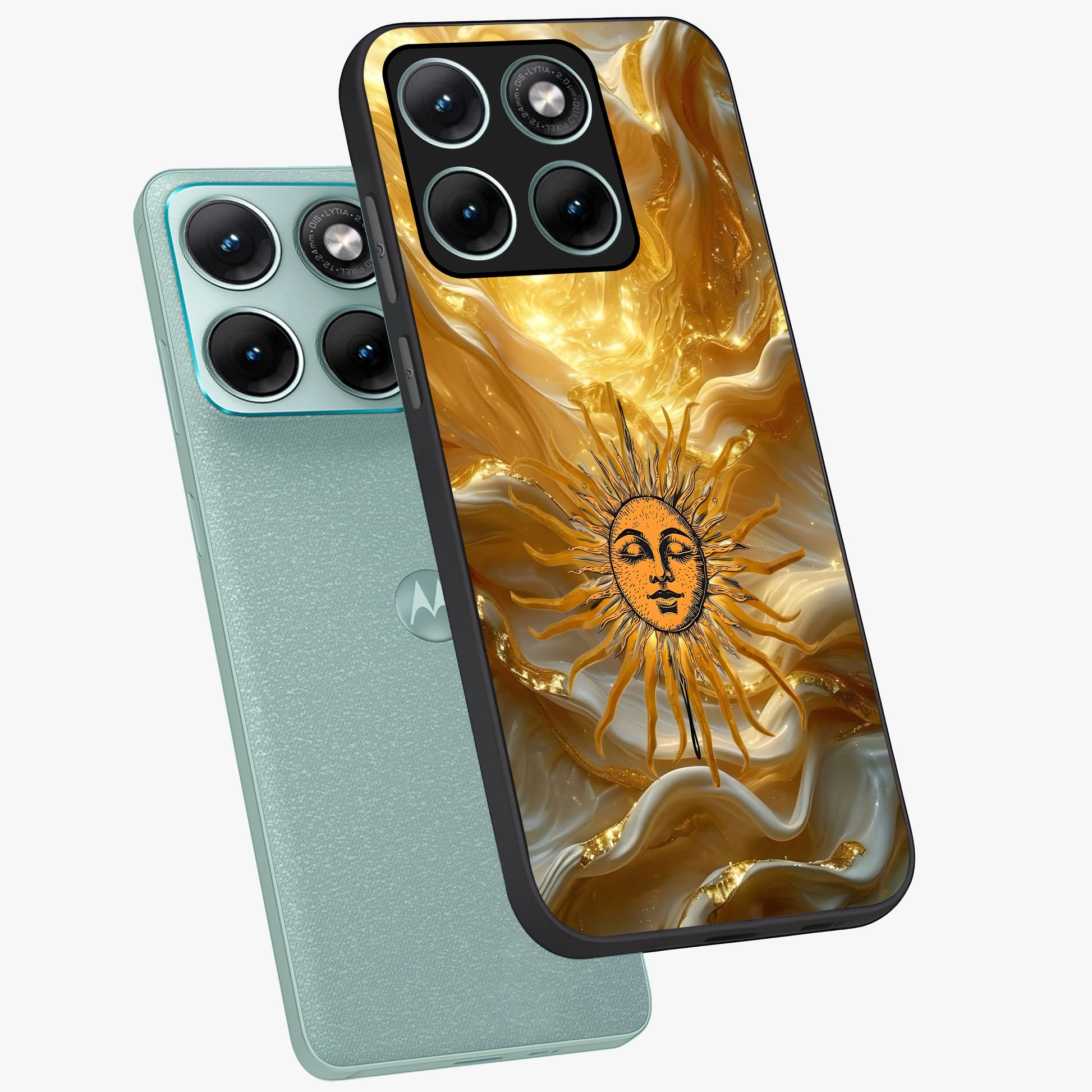 Eternal Golden Glow Glass Case displayed in angled mockup highlighting glowing golden aesthetic design with elegant style.