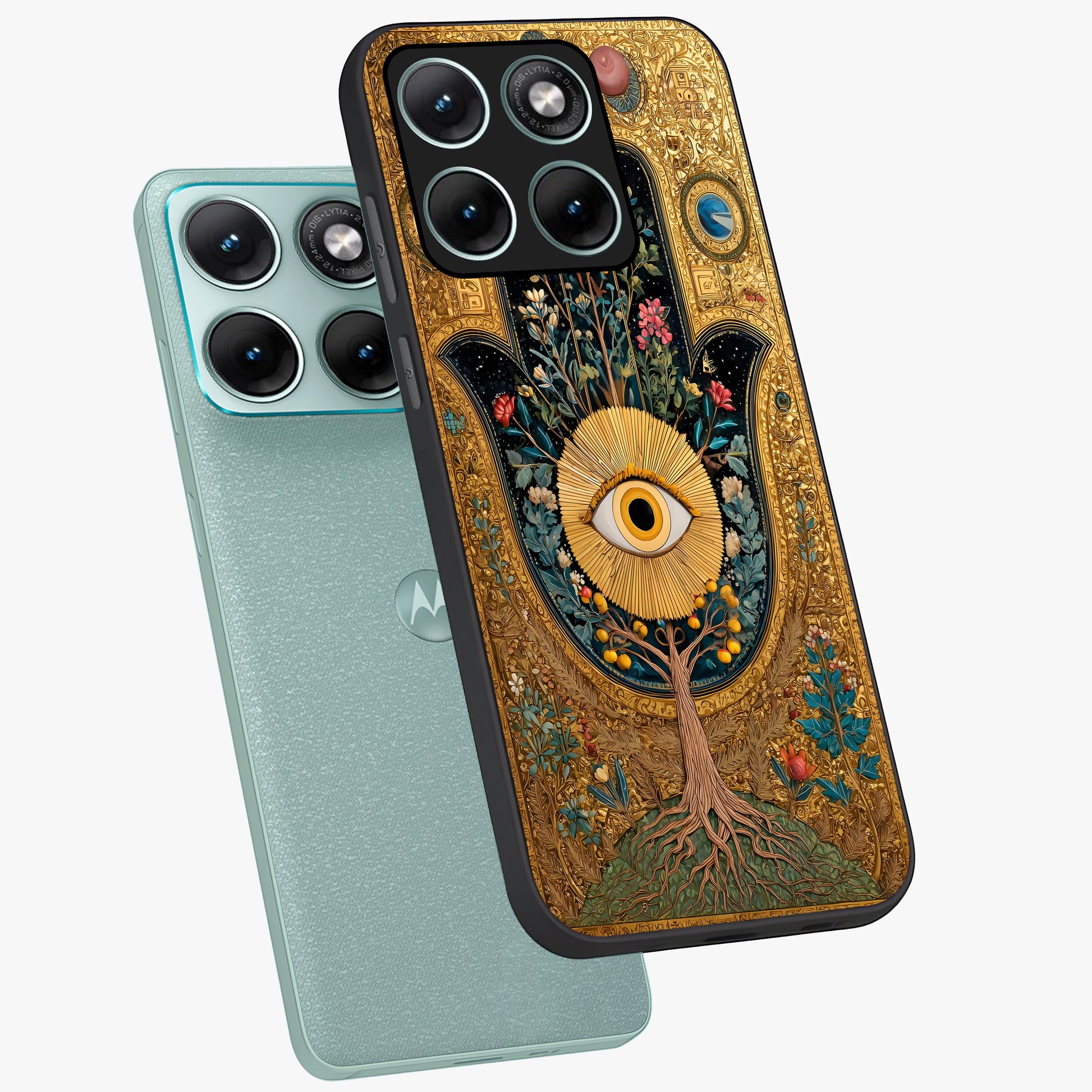 Ethereal Evil Eye Glass Case displayed in angled mockup highlighting protective evil eye symbol with spiritual aesthetic design.