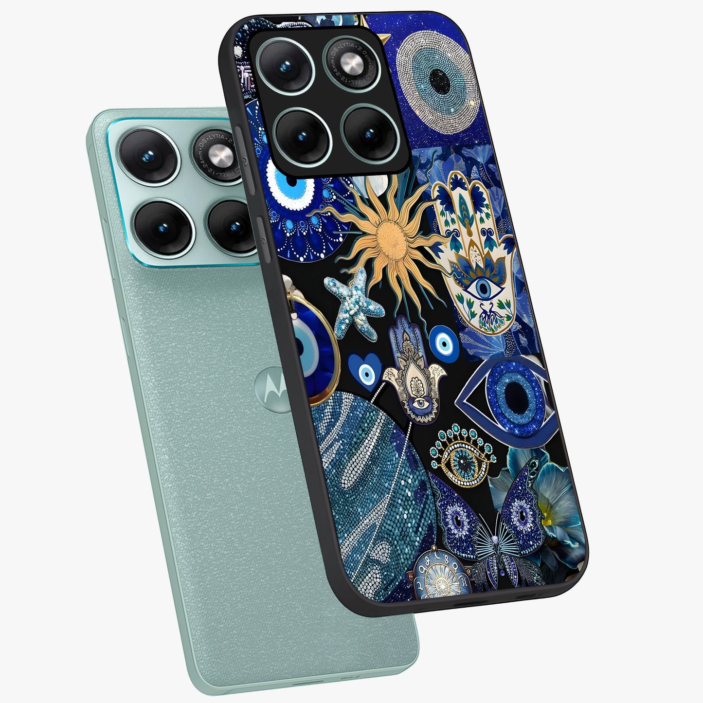 Evil Eye Charm Mix Glass Case displayed in angled mockup highlighting protective evil eye symbols with spiritual aesthetic design.