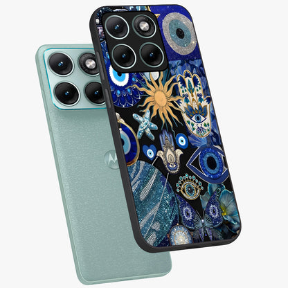 Evil Eye Charm Mix Glass Case displayed in angled mockup highlighting protective evil eye symbols with spiritual aesthetic design.