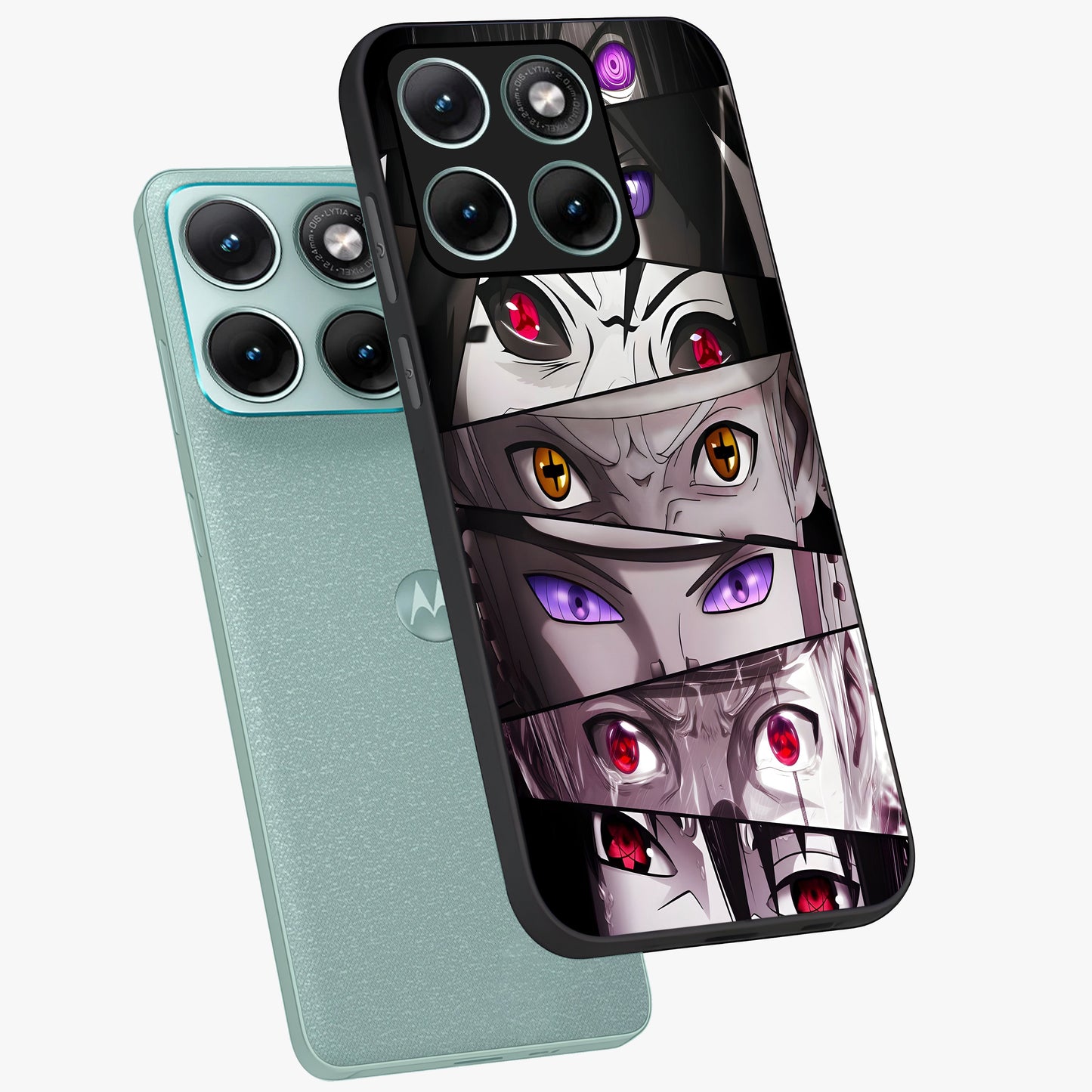 Eyes of Destiny Glass Case displayed in angled mockup highlighting bold eye illustration with mystical aesthetic style.