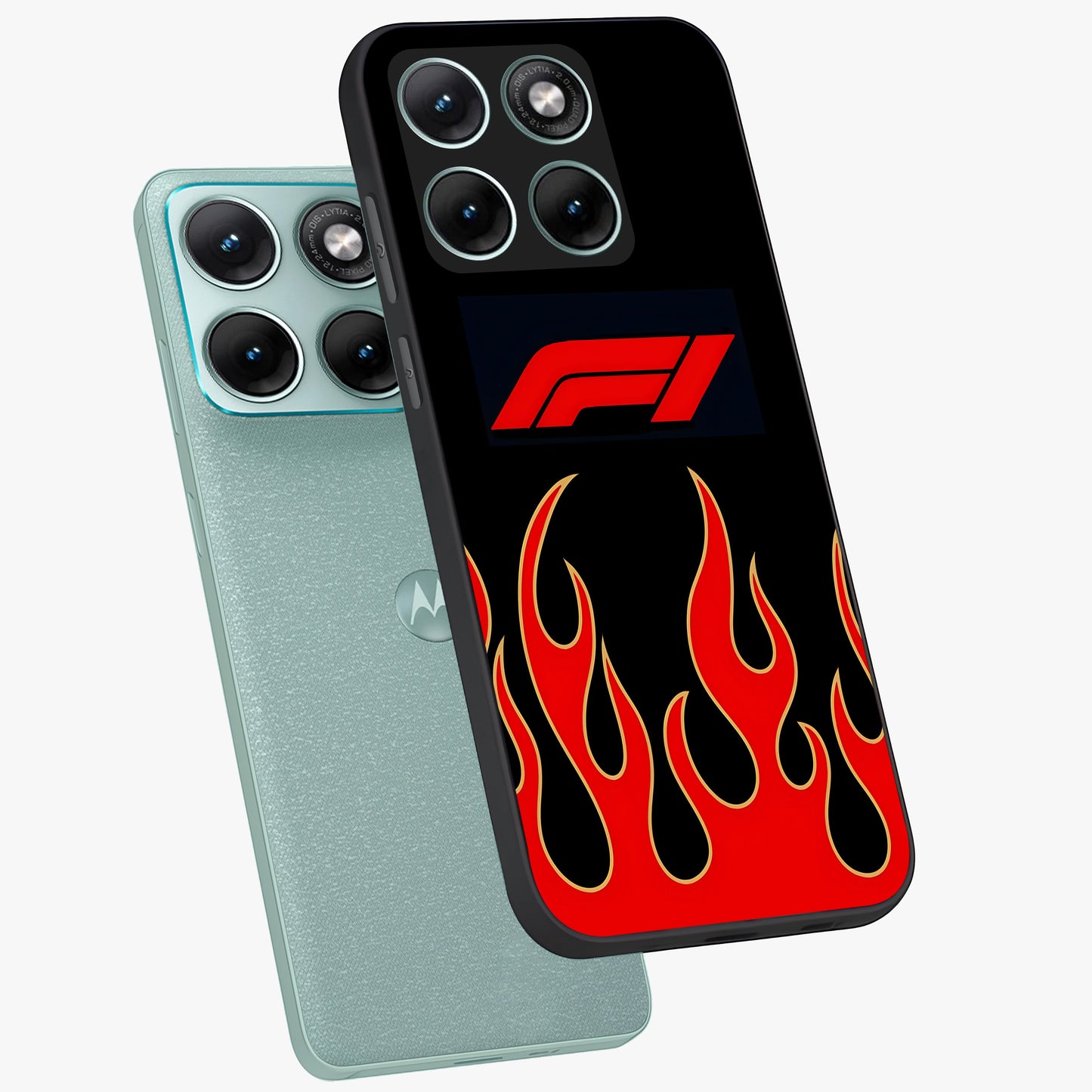 Fire F11 Glass Case displayed in angled mockup highlighting bold fire inspired graphic with energetic aesthetic style.