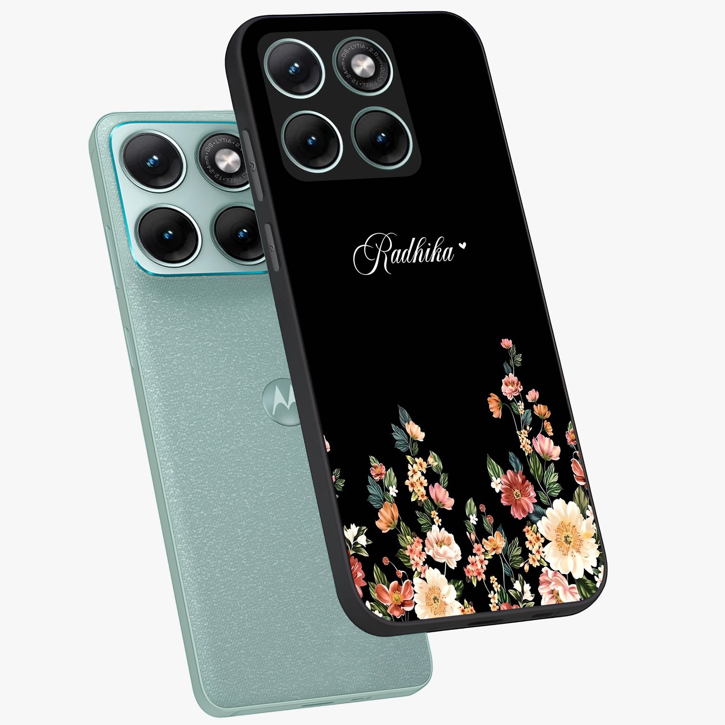Floral Design With a Custom Personalized Name Glass Case displayed in angled mockup highlighting elegant floral pattern with custom name feature.
