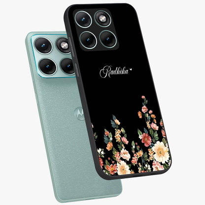 Floral Design With a Custom Personalized Name Glass Case displayed in angled mockup highlighting elegant floral pattern with custom name feature.