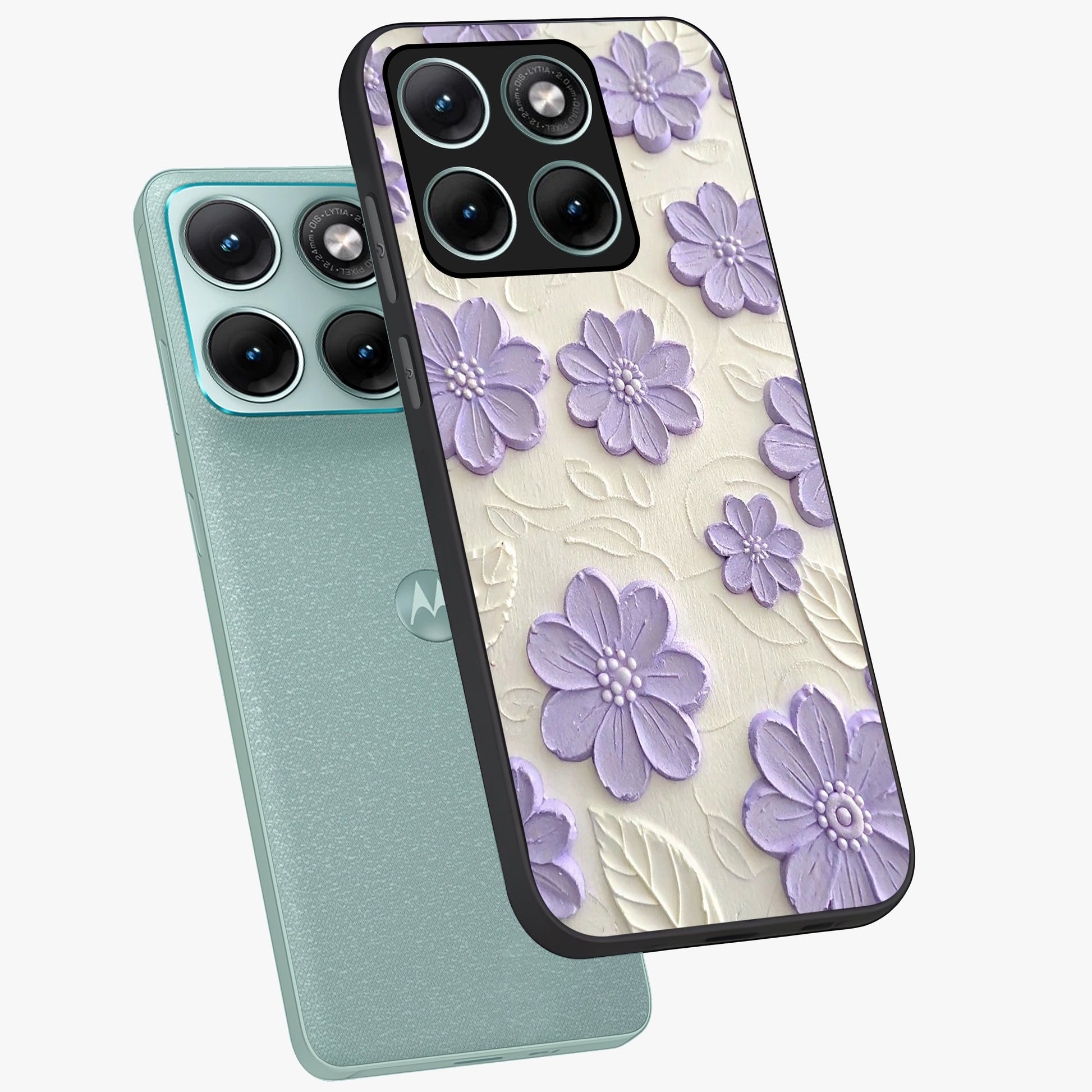 Floral Wall Art With Purple Flowers Glass Case displayed in angled mockup highlighting vibrant purple floral illustration with artistic aesthetic.