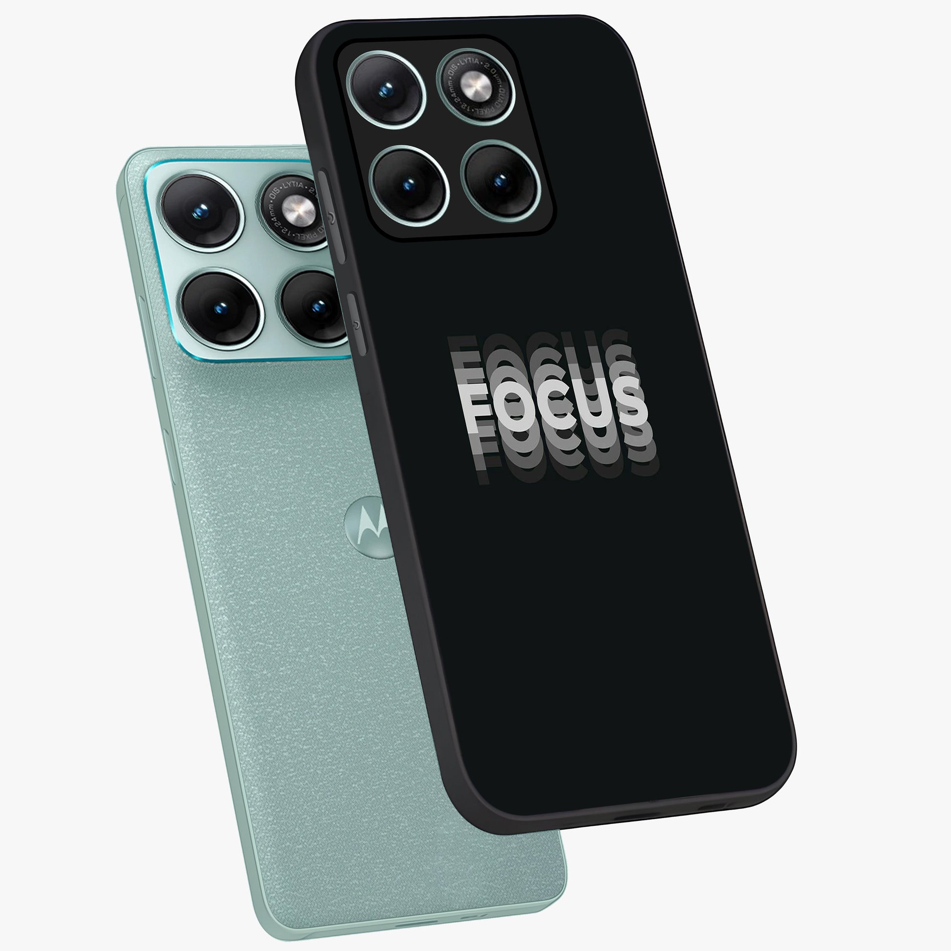 Focus Mode On Glass Case displayed in angled mockup highlighting clean minimal text artwork with modern aesthetic style.