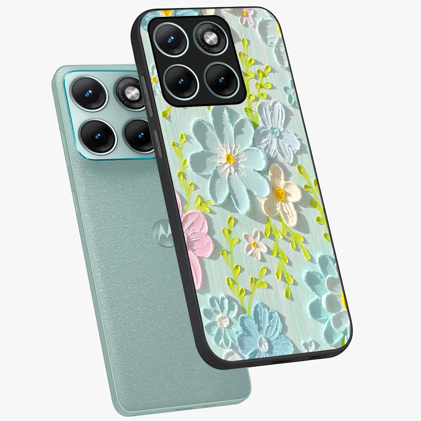 Frosted Petal Garden Glass Case displayed in angled mockup highlighting delicate flower petal design with calm garden aesthetic.