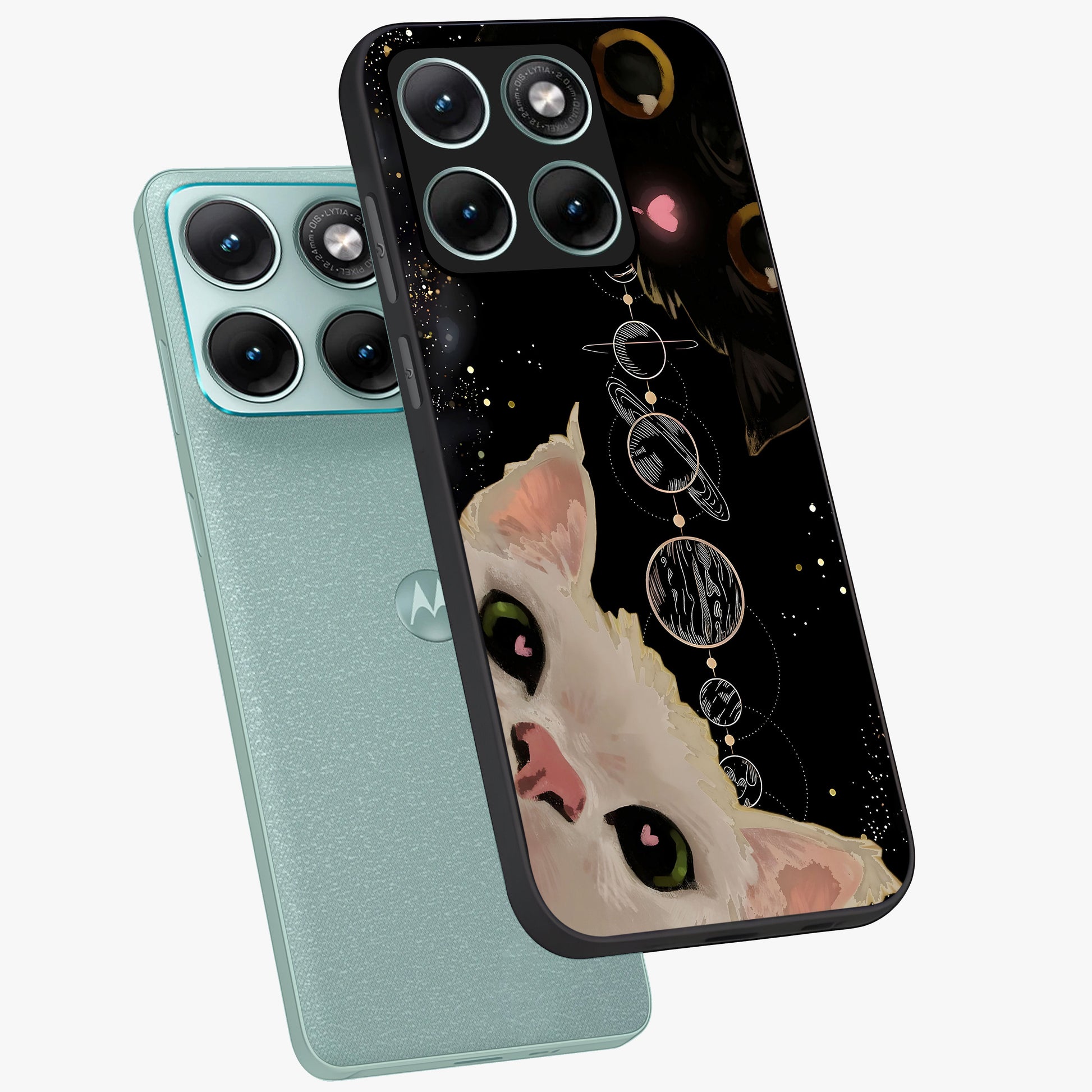 Galactic Cat Glass Case displayed in angled mockup highlighting celestial feline illustration with galaxy aesthetic style.