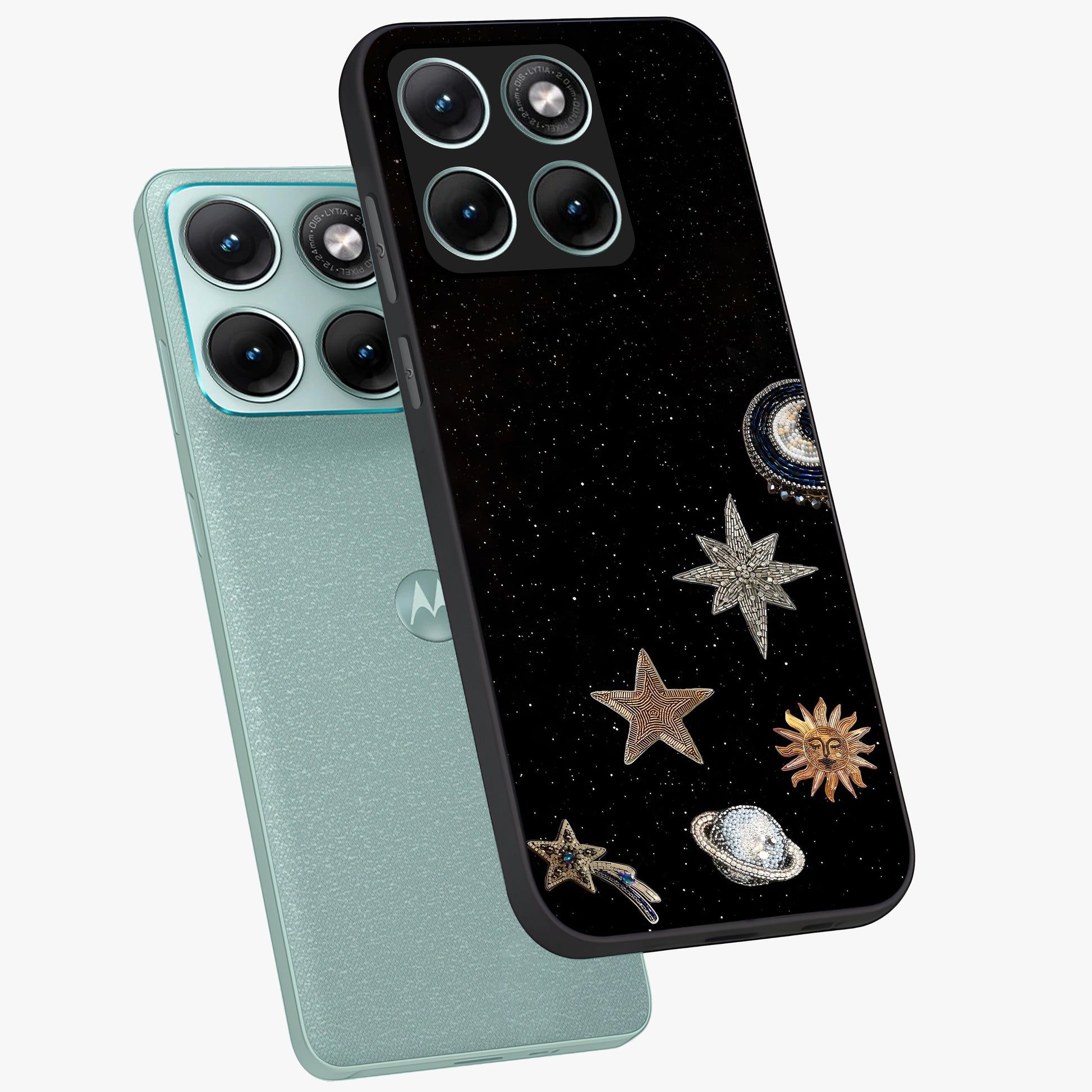 Galactic Charm Glow Glass Case displayed in angled mockup highlighting luminous galaxy inspired design with dreamy aesthetic.