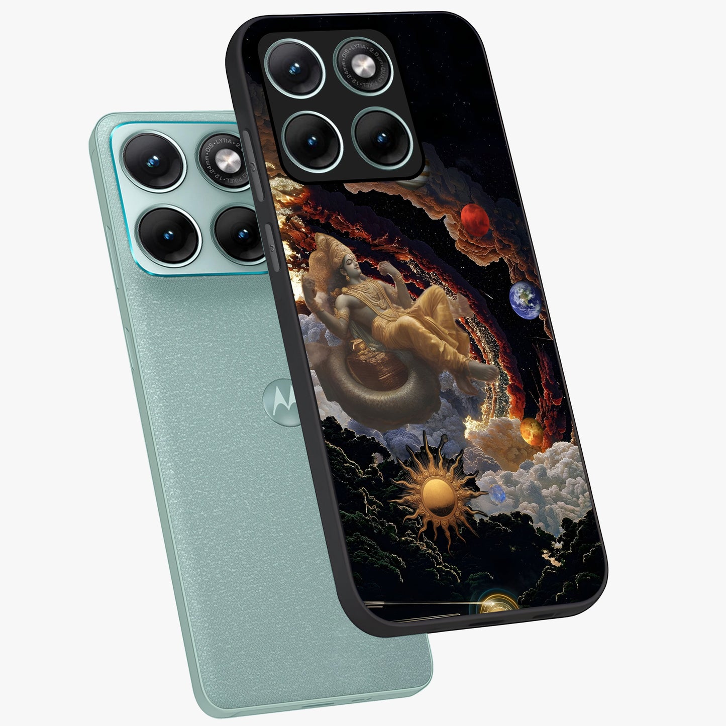 Galactic Divine God Glass Case displayed in angled mockup highlighting powerful celestial deity illustration with galactic aesthetic.