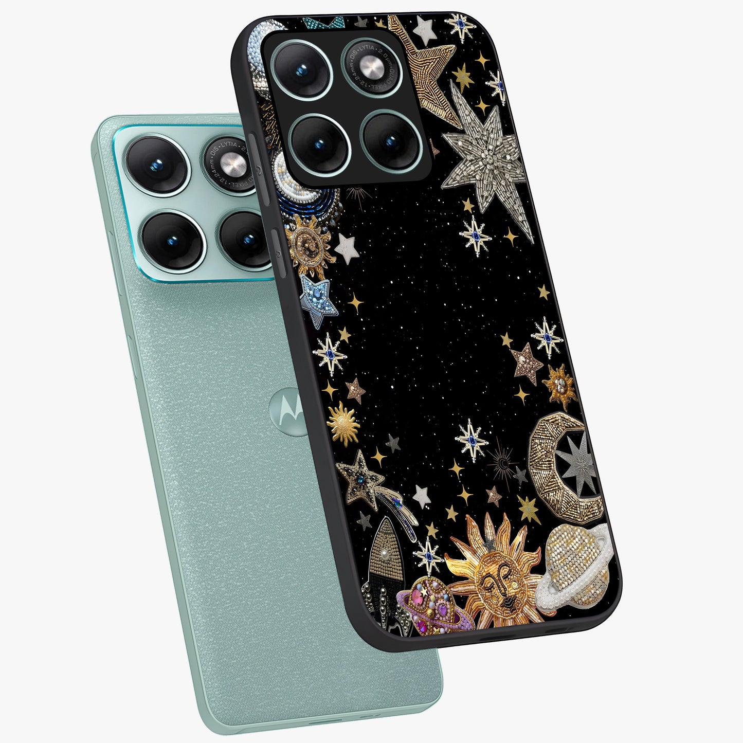 Galactic Jewel Stars Glass Case displayed in angled mockup highlighting shining celestial star design with cosmic aesthetic style.