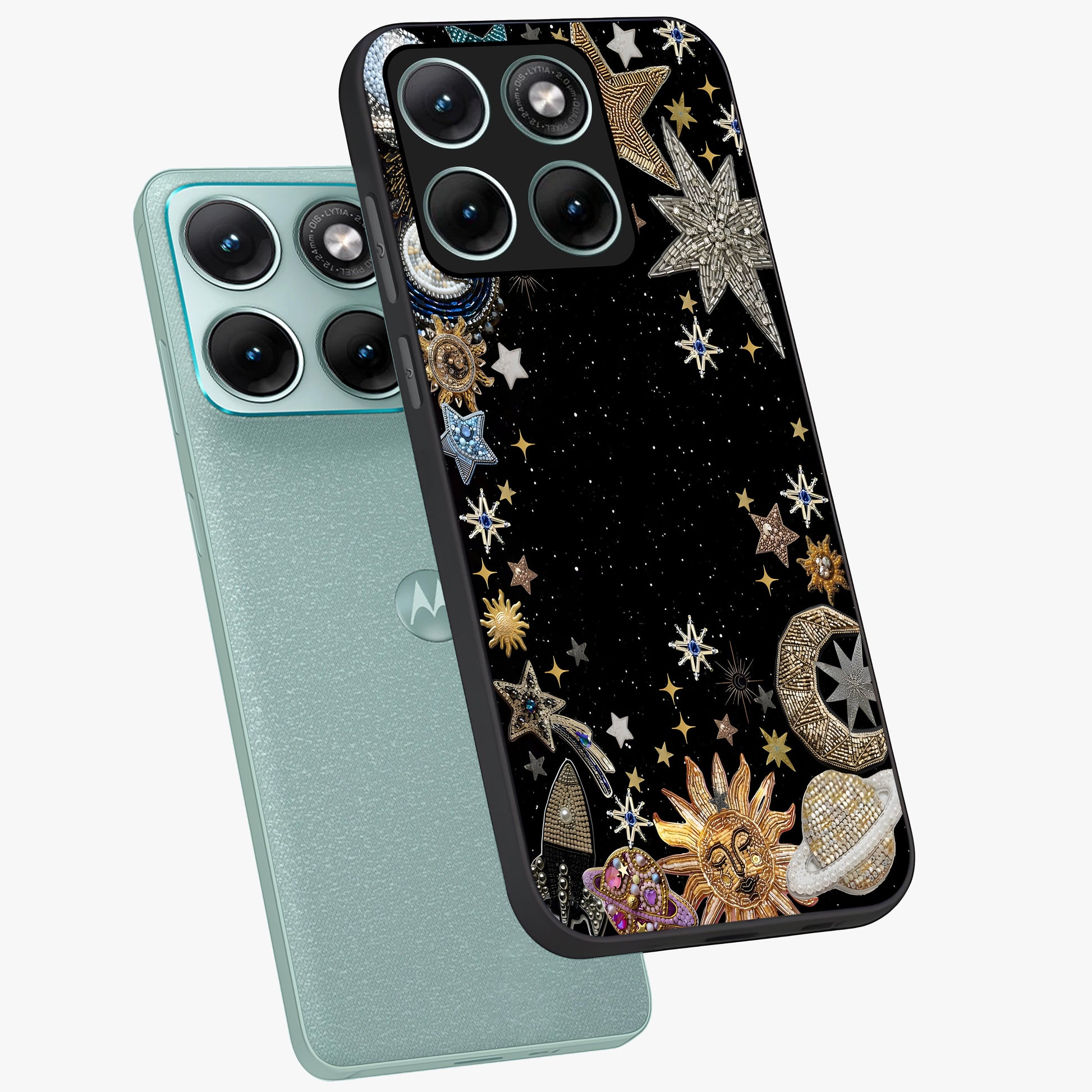 Galactic Jewel Stars Glass Case displayed in angled mockup highlighting shining celestial star design with cosmic aesthetic style.