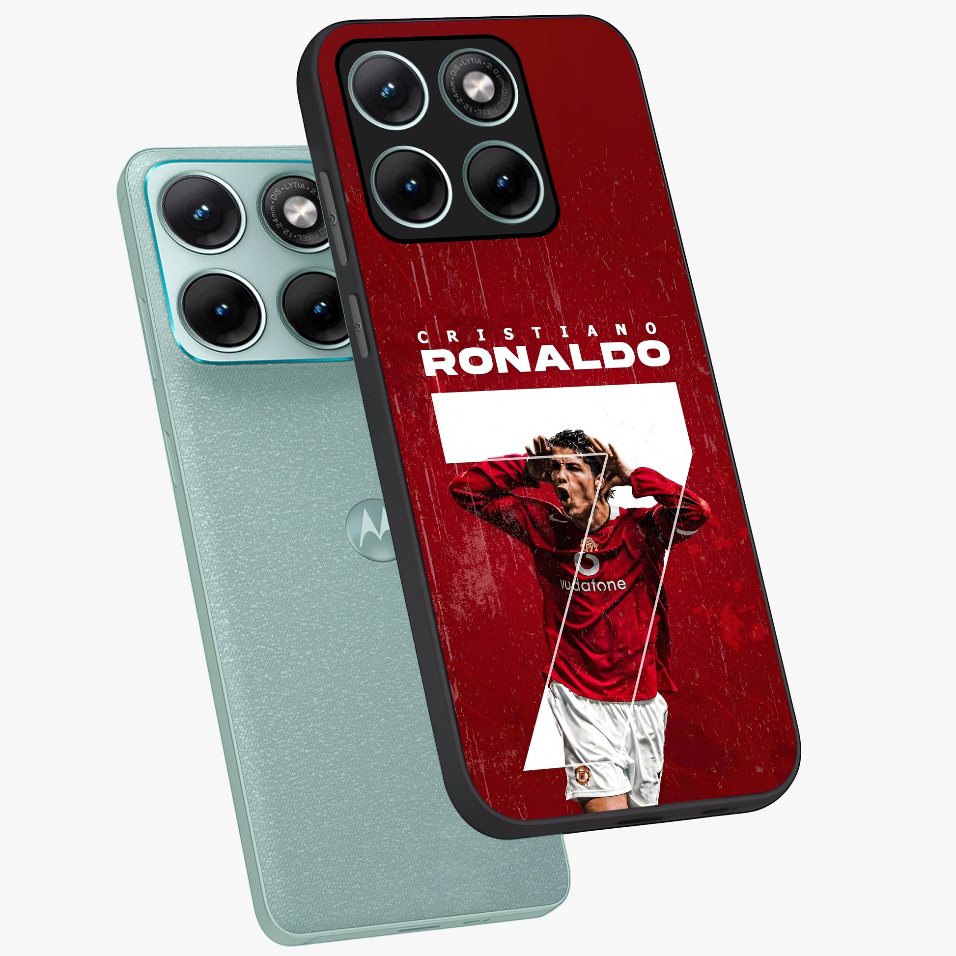 Goal Celebration Legacy Glass Case displayed in angled mockup highlighting energetic sports celebration design with bold athletic theme.