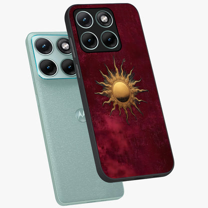 Golden Sun Minimalism Glass Case displayed in angled mockup highlighting clean sun symbol design with modern minimal aesthetic.