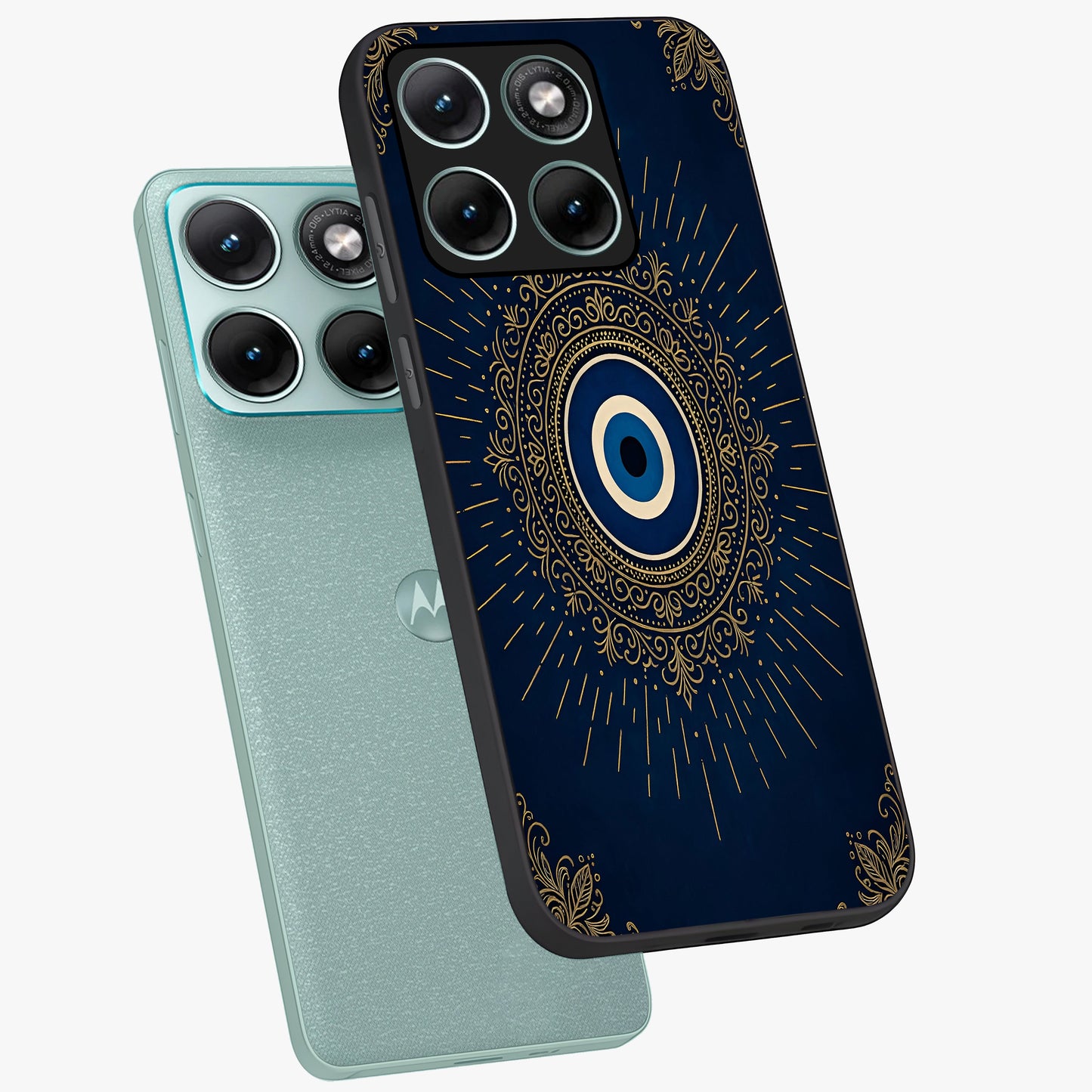 Golden Celestial Charm Glass Case displayed in angled mockup highlighting sparkling cosmic charm design with celestial aesthetic.