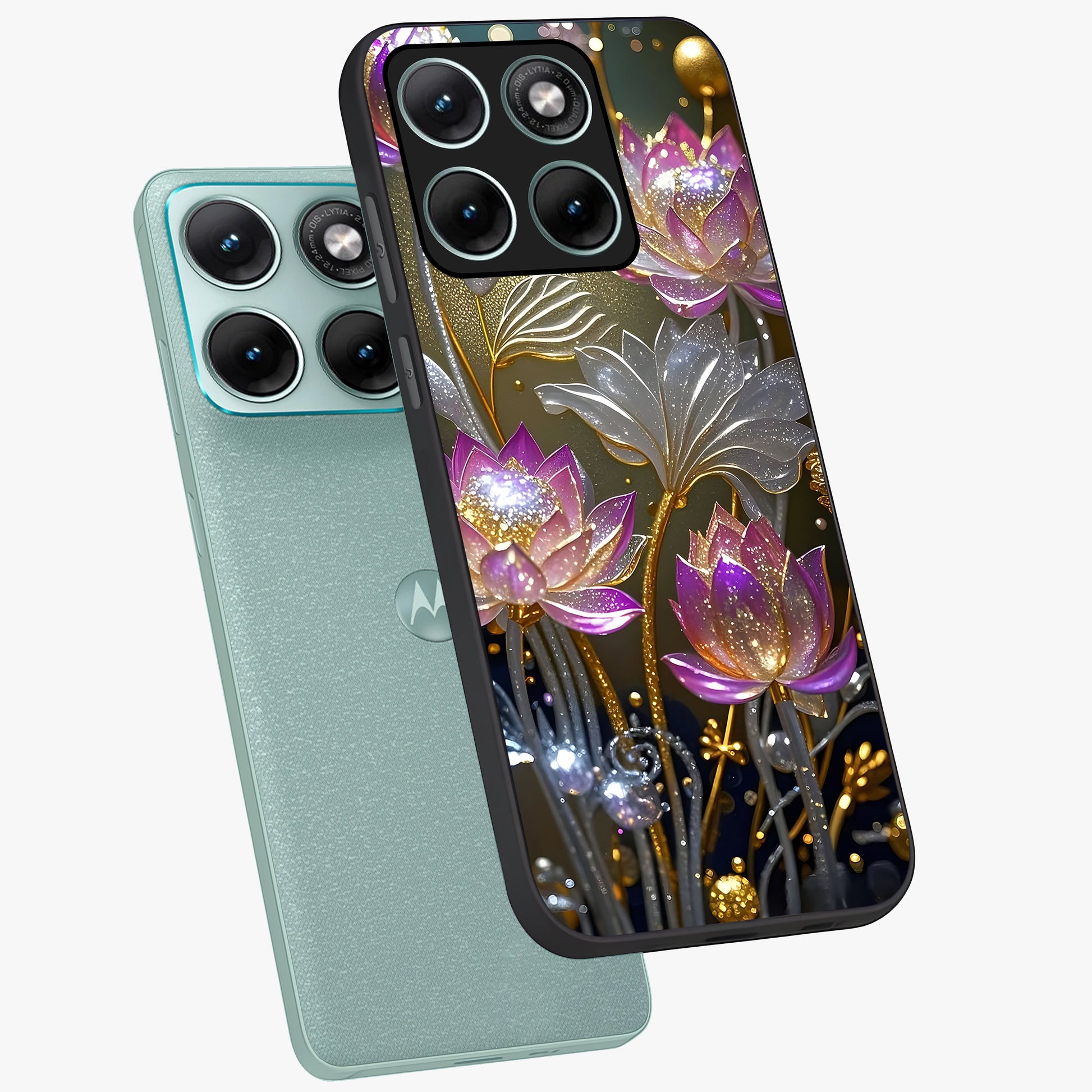 Golden Floral Majesty Glass Case displayed in angled mockup highlighting elegant flower design with royal golden aesthetic.