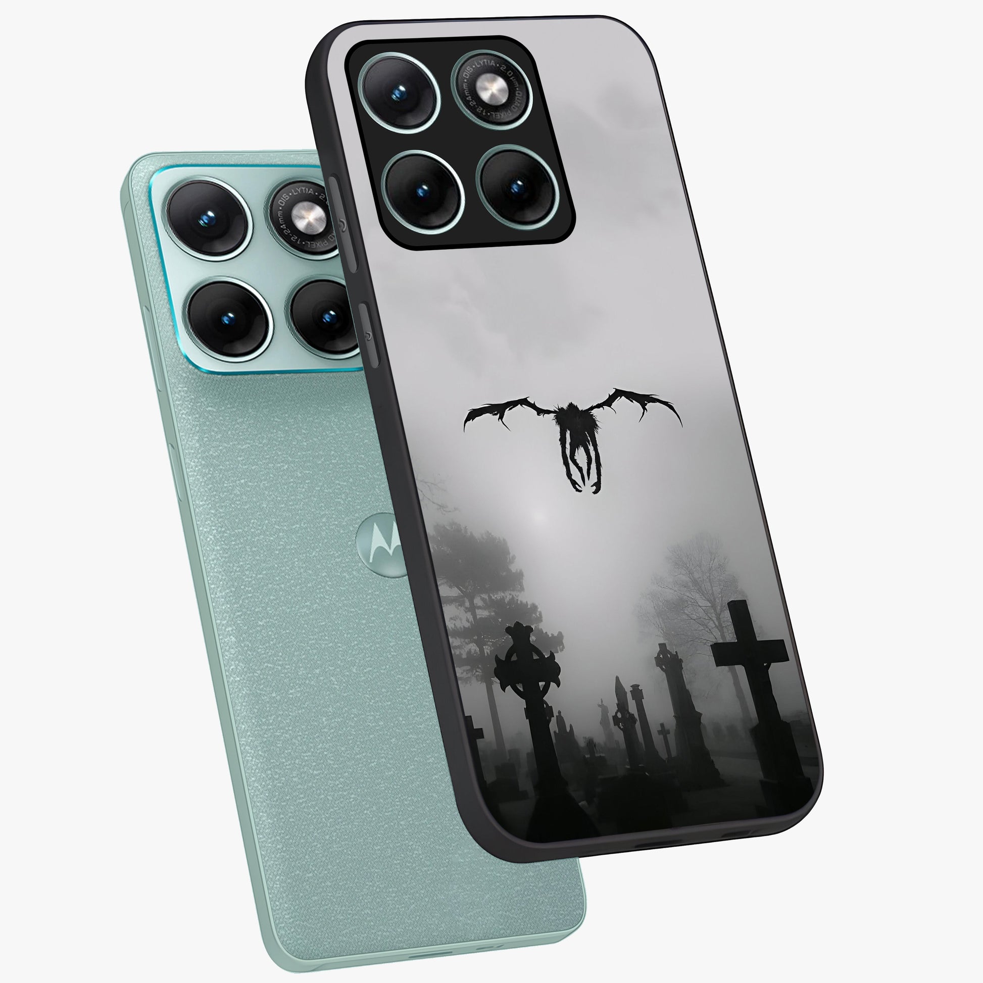 Graveyard Shadow Descent Glass Case displayed in angled mockup highlighting eerie shadow illustration with gothic aesthetic.