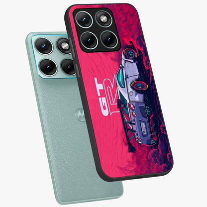 GT-R Car Pattern Glass Case displayed in angled mockup highlighting racing car graphic design with bold automotive aesthetic.